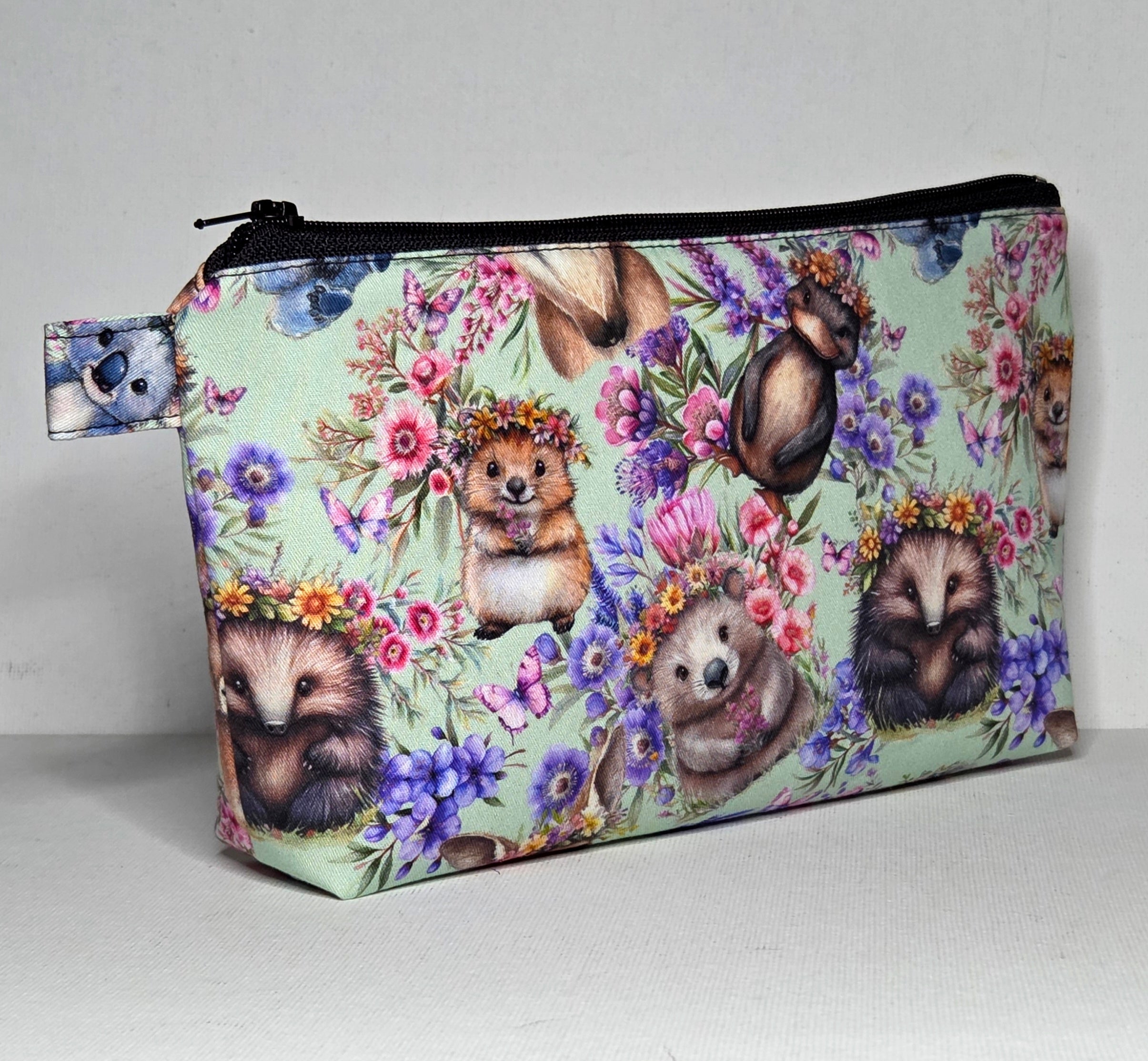 Zippered Pouch with Aussie Animals and Wildflowers, size Large
