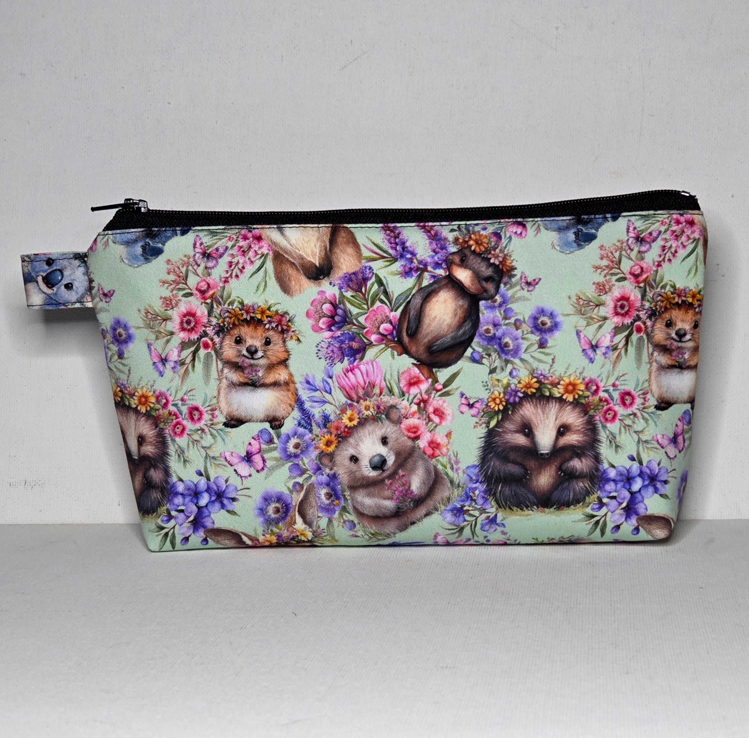 Zippered Pouch with Aussie Animals and Wildflowers, size Large