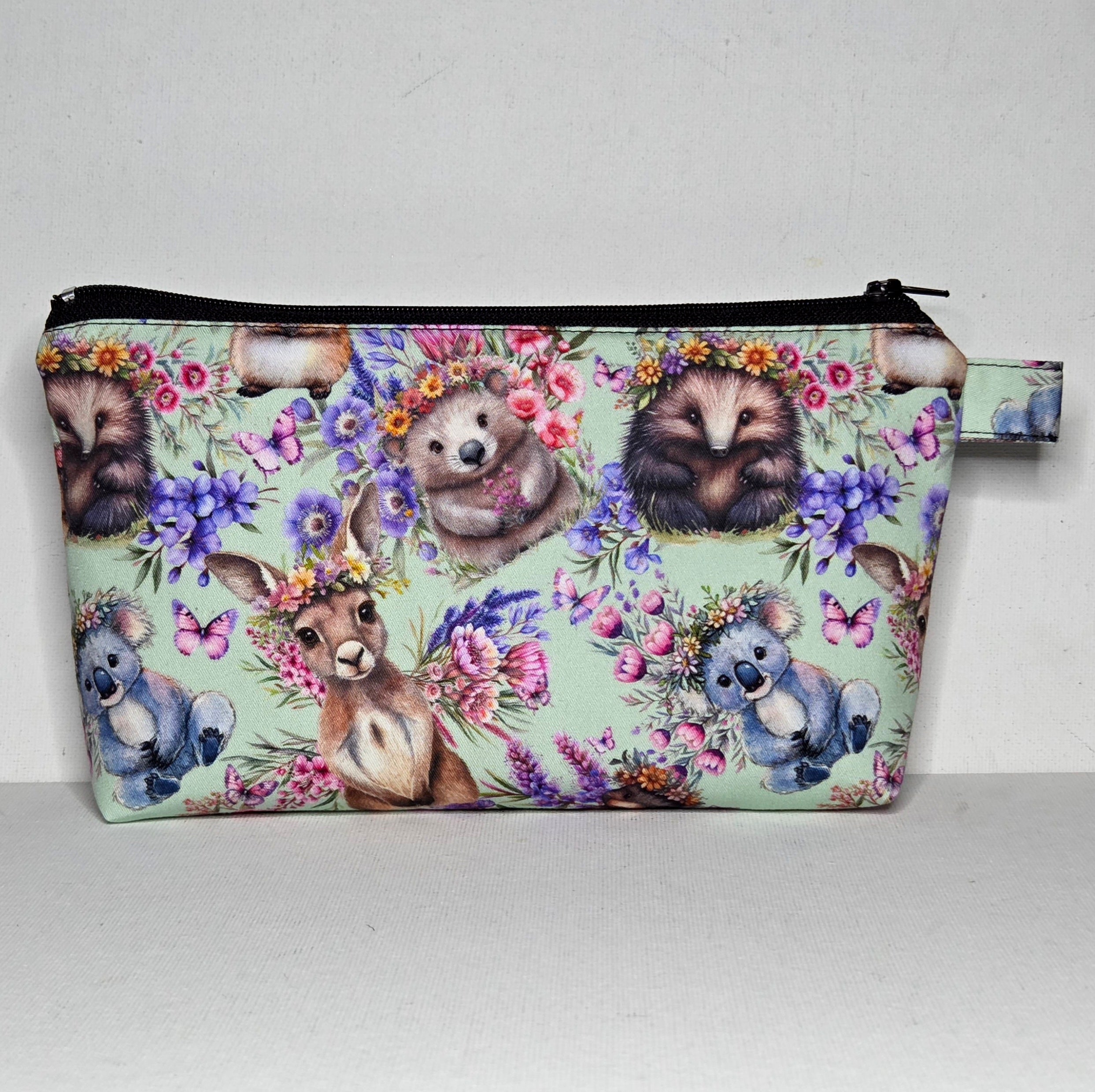 Zippered Pouch with Aussie Animals and Wildflowers, size Large