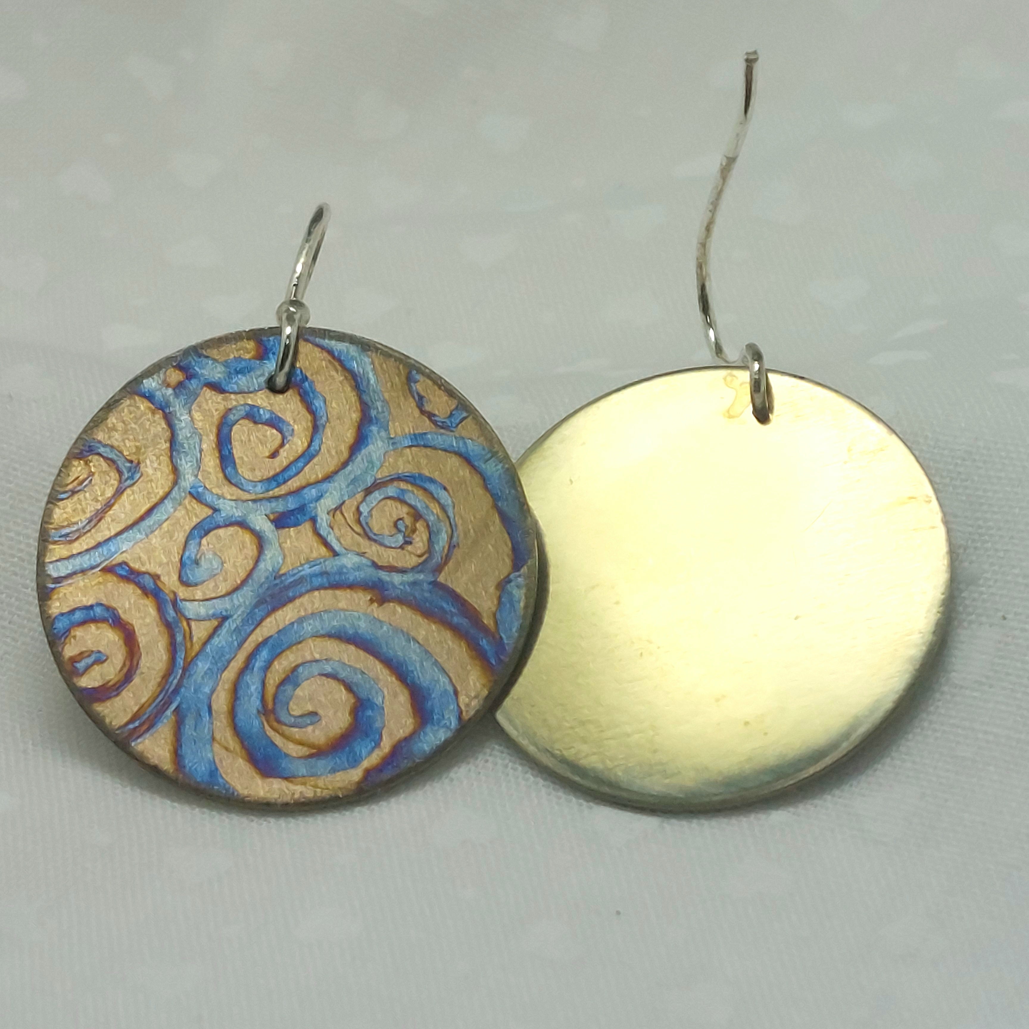 Titanium Disc Earrings- Watercolour Swirls Design Sterling Silver Hooks