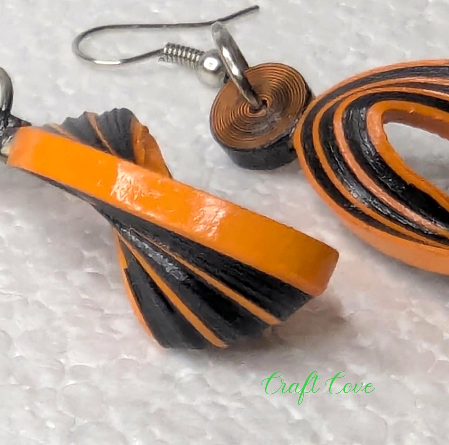 Earrings Quilled Orange and Black Tiger Skewed