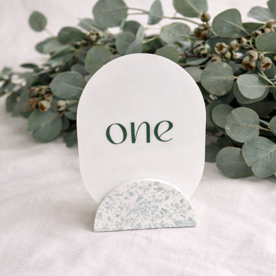 Wedding table numbers, green and white eco resin terrazzo