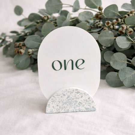Wedding table numbers, green and white eco resin terrazzo