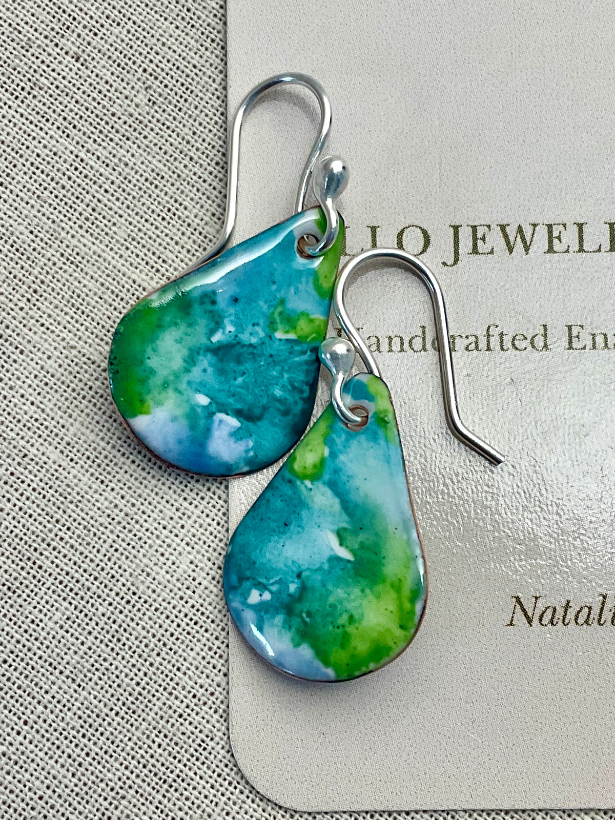Teardrop enamel earrings. Marble effect. Hand painted.