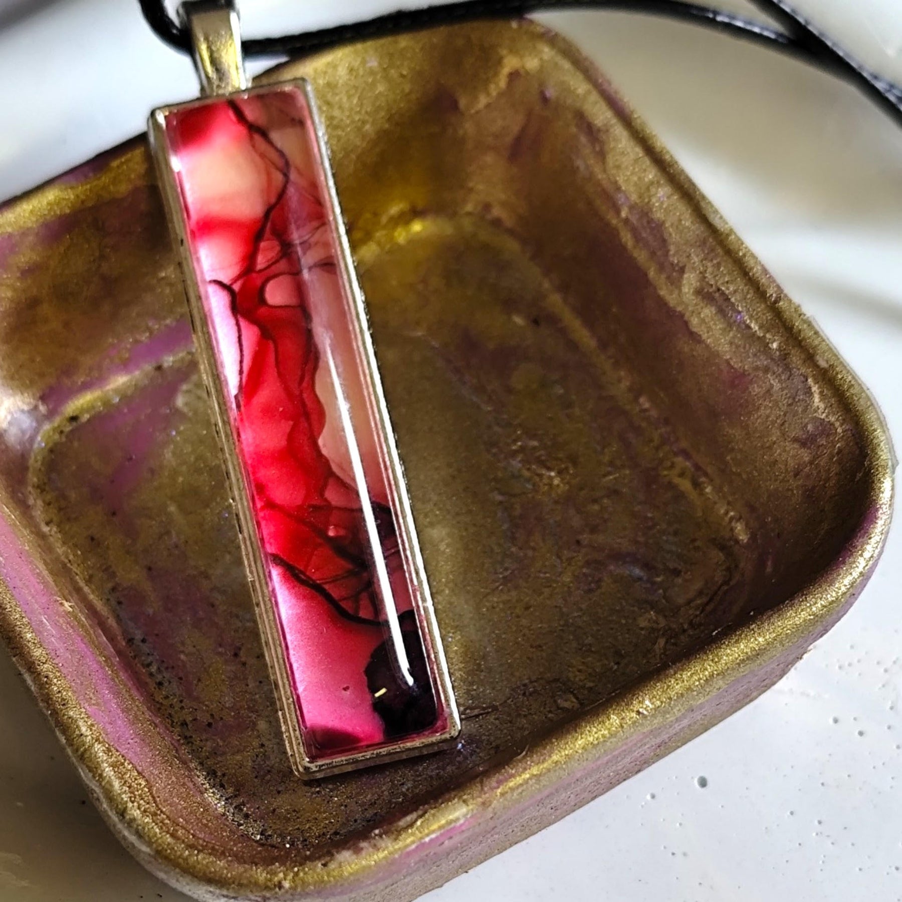 Red Alcohol Ink Pendant Necklace, Wearable Original Painting