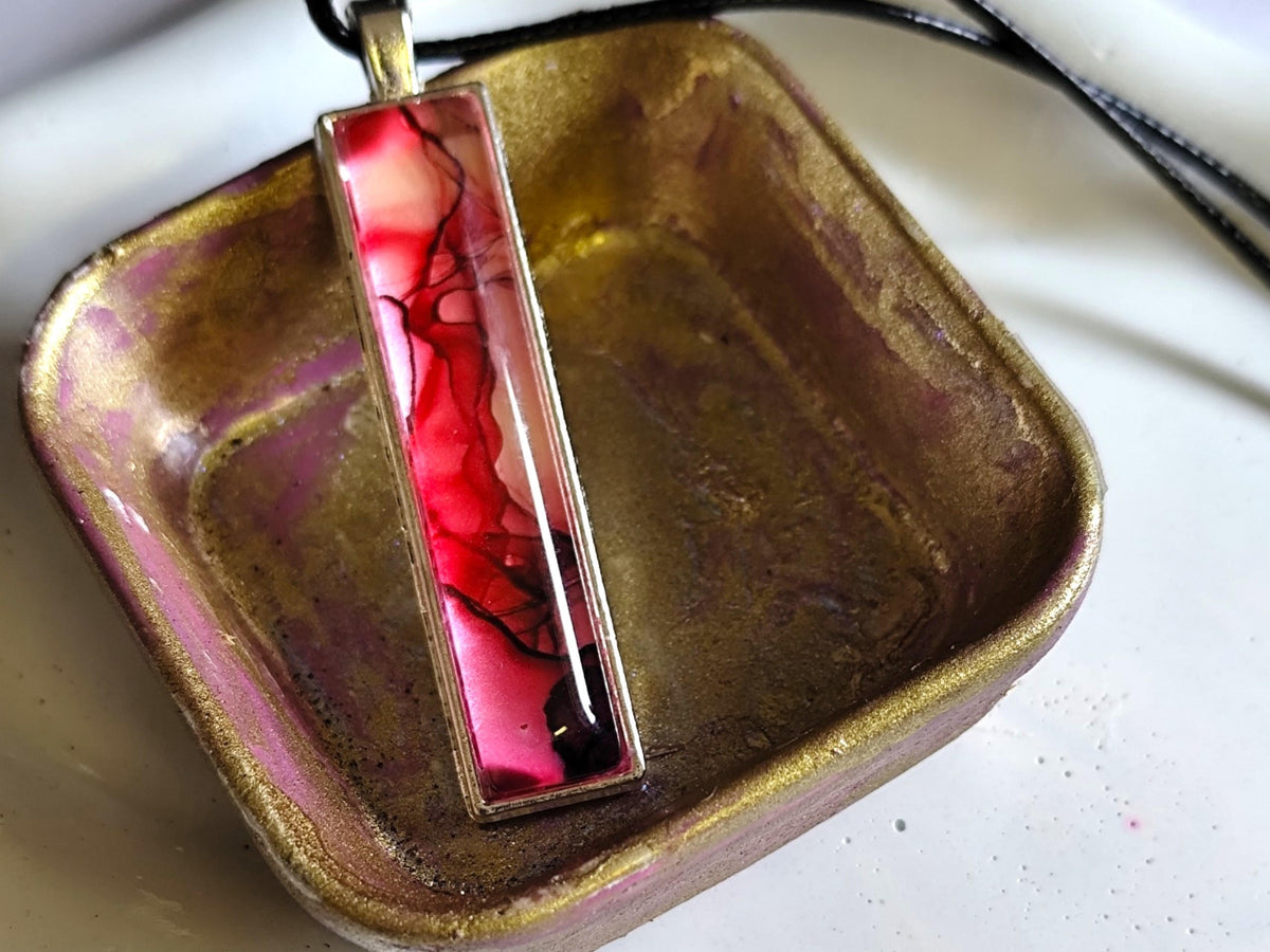 Red Alcohol Ink Pendant Necklace, Wearable Original Painting