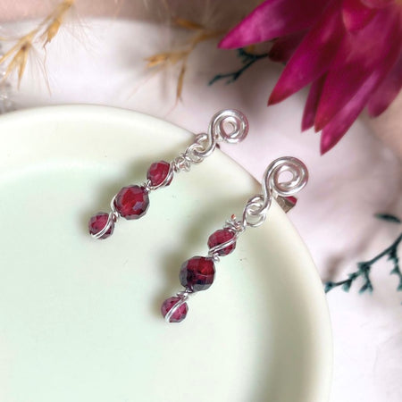 Natural garnet beaded dangle earrings | Sterling silver | January birthstone gift