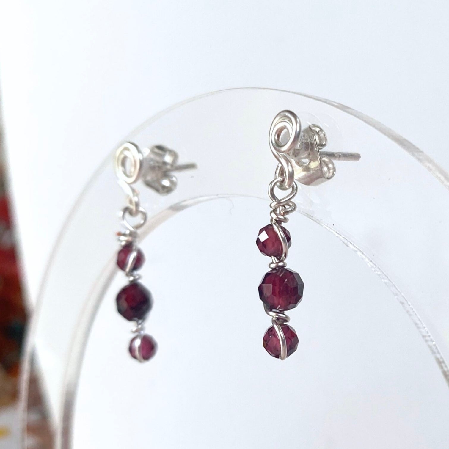 Natural garnet beaded dangle earrings | Sterling silver | January birthstone gift