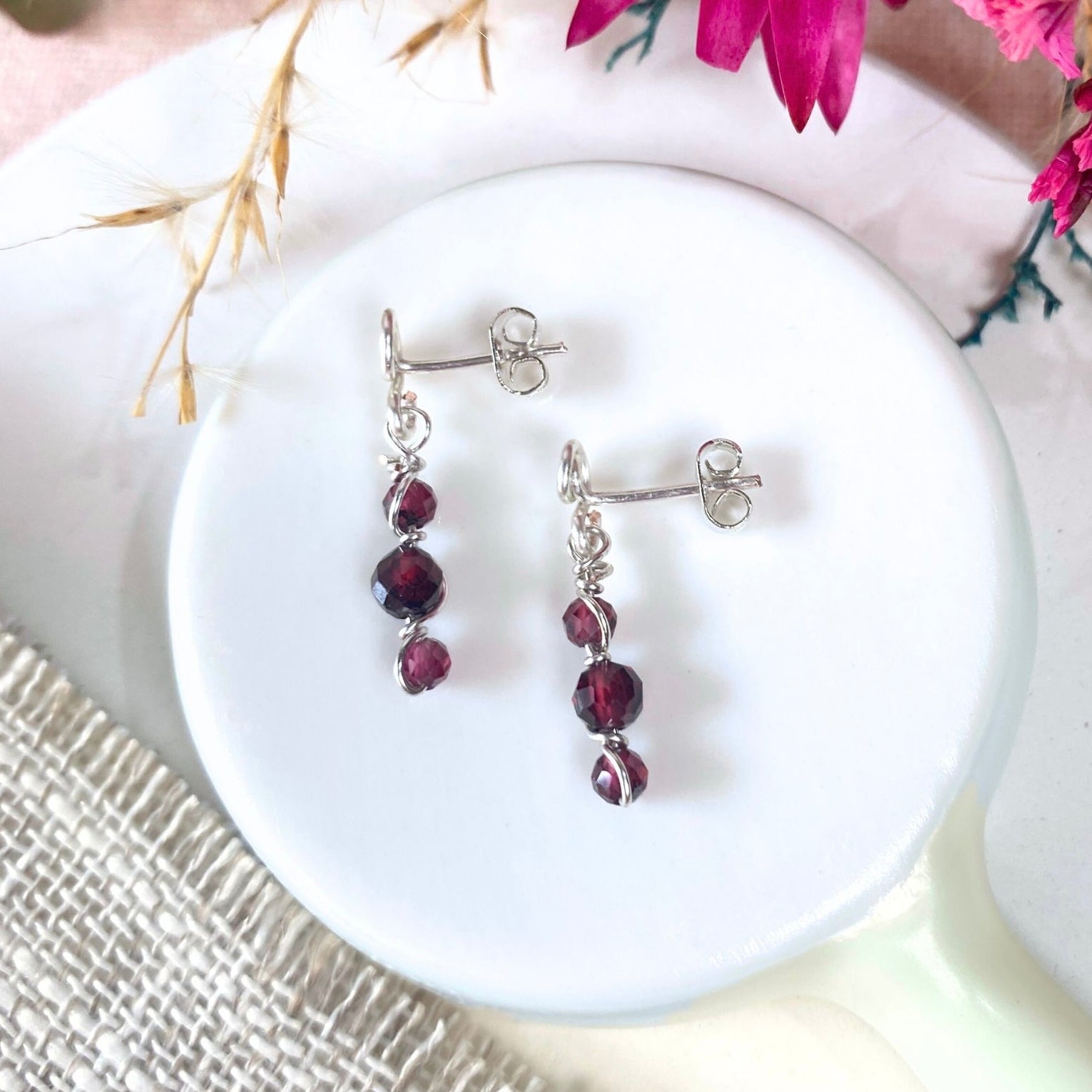 Natural garnet beaded dangle earrings | Sterling silver | January birthstone gift
