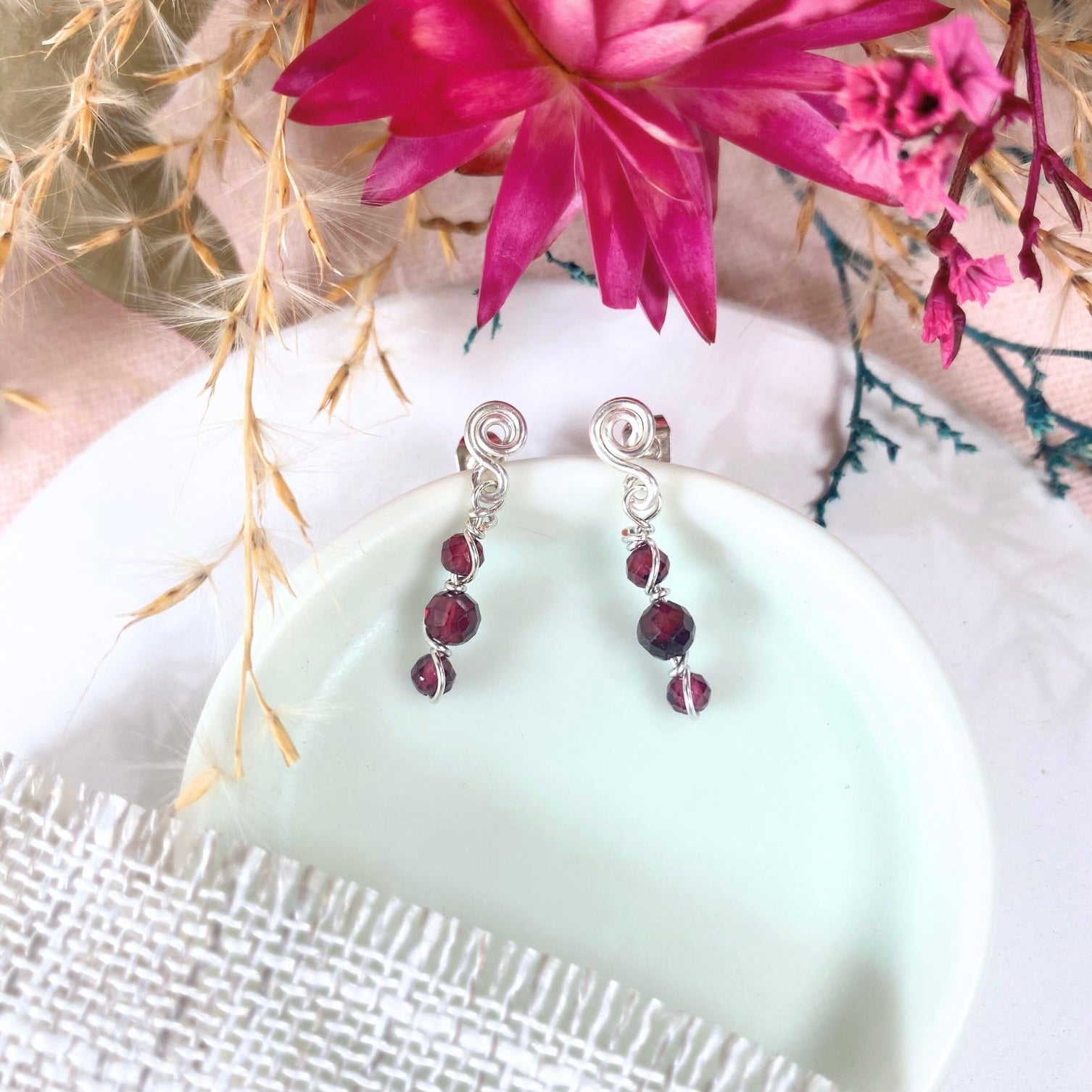 Natural garnet beaded dangle earrings | Sterling silver | January birthstone gift