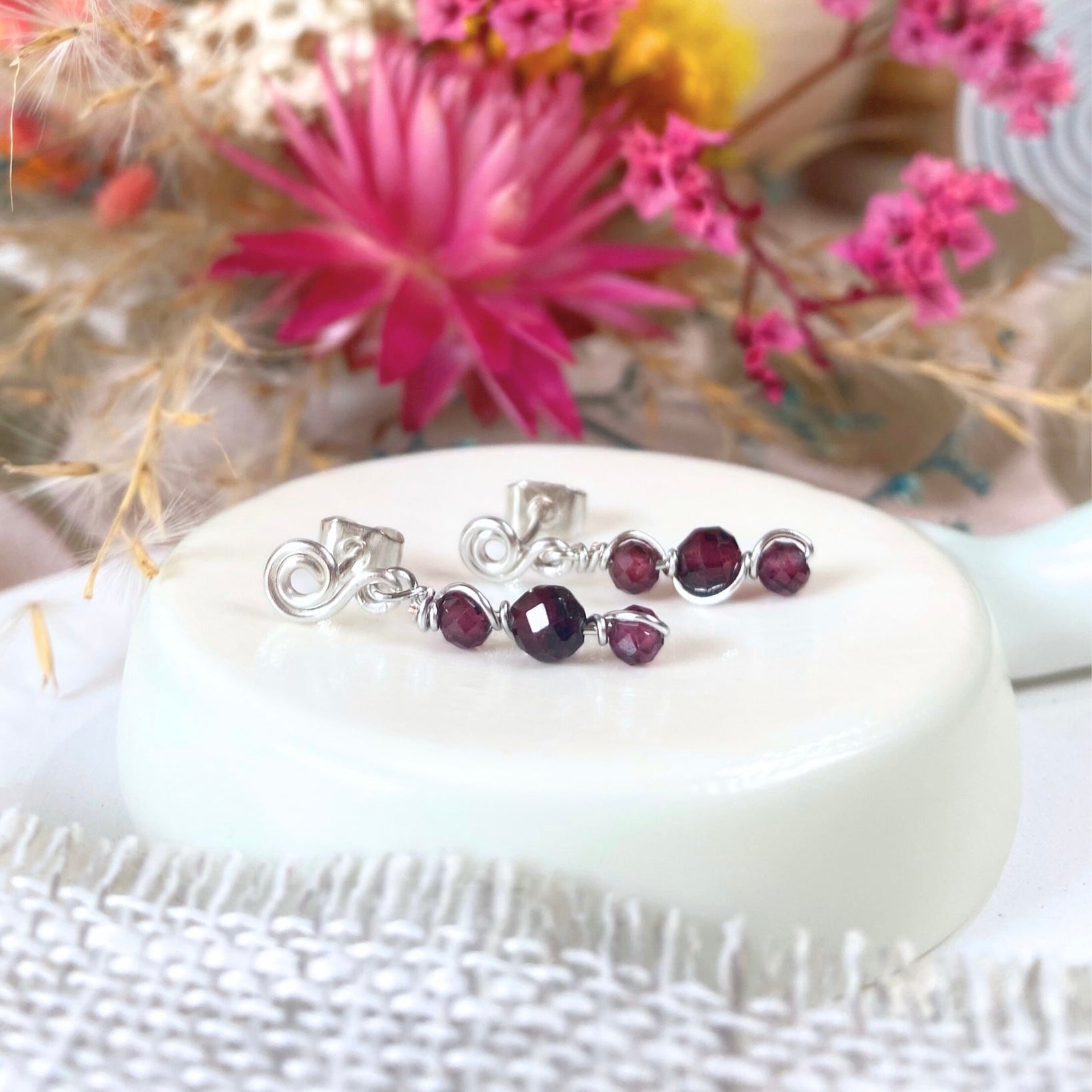 Natural garnet beaded dangle earrings | Sterling silver | January birthstone gift