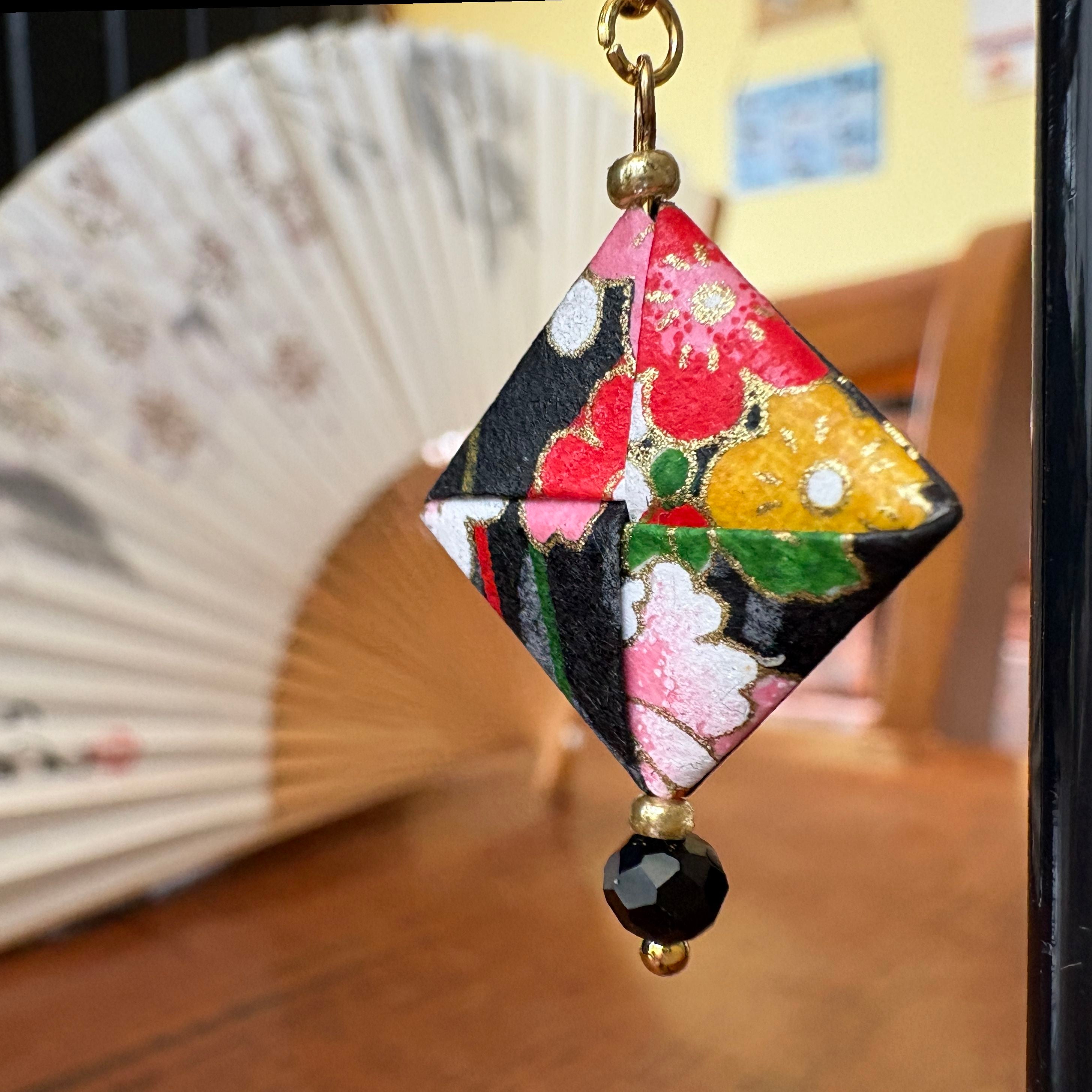 Origami Earrings – smoky black with vibrant botanicals.  Japanese Yuzen Washi