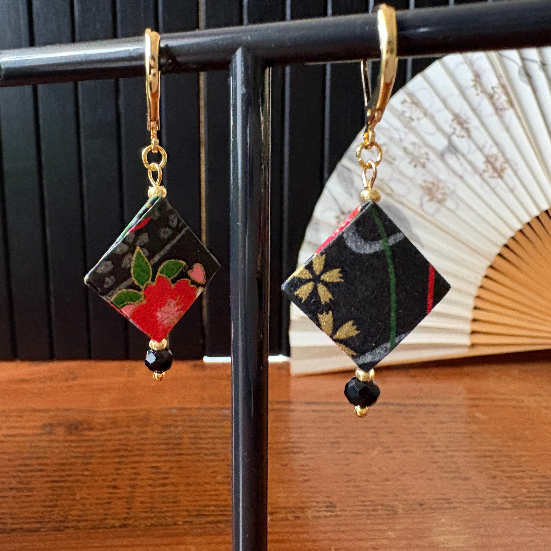 Origami Earrings – smoky black with vibrant botanicals.  Japanese Yuzen Washi