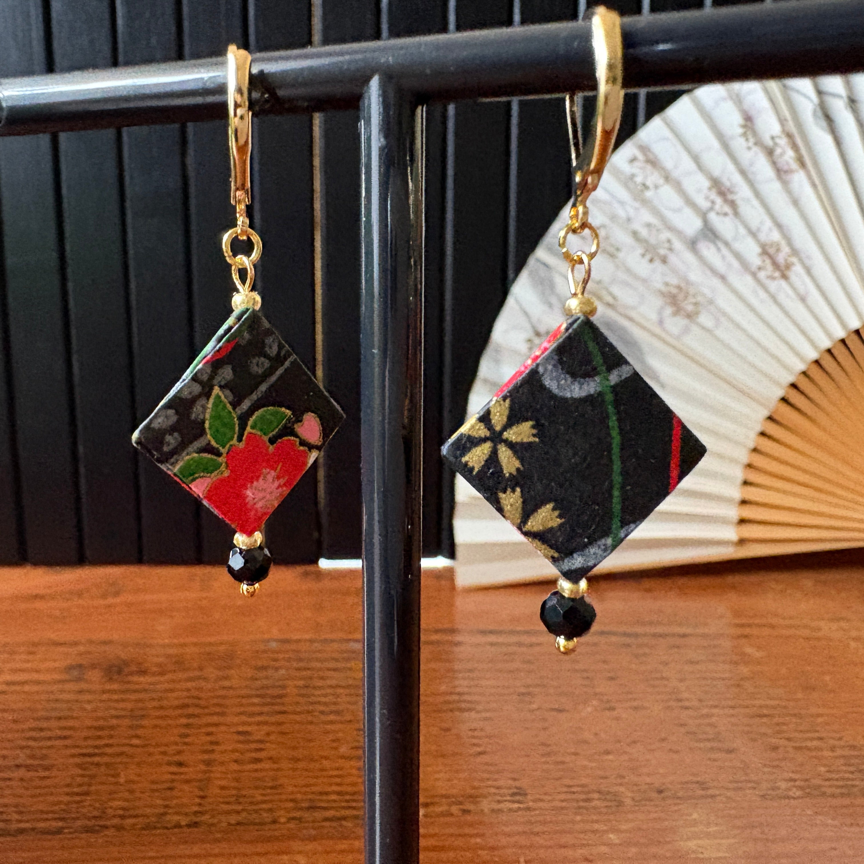 Origami Earrings – smoky black with vibrant botanicals.  Japanese Yuzen Washi