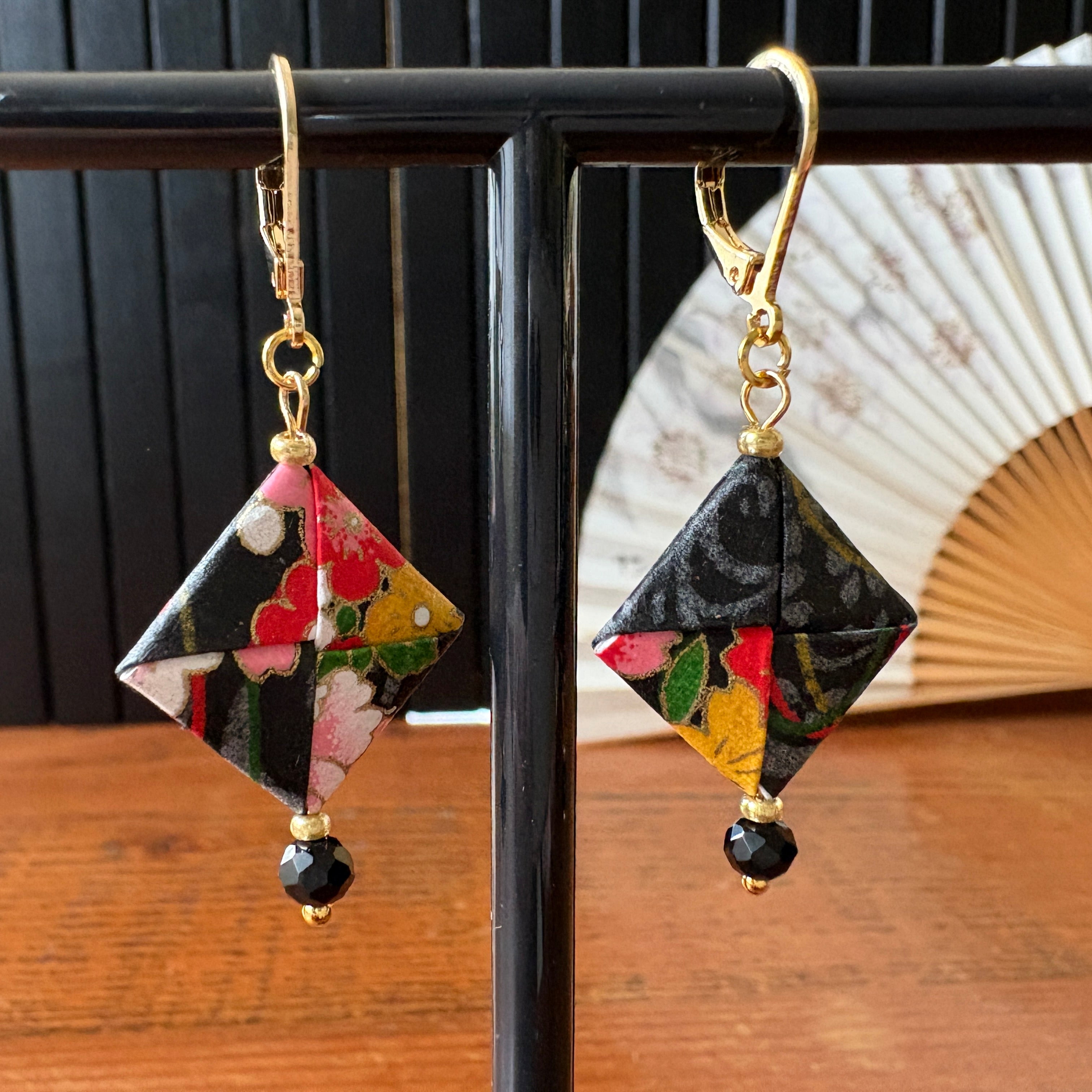 Origami Earrings – smoky black with vibrant botanicals.  Japanese Yuzen Washi