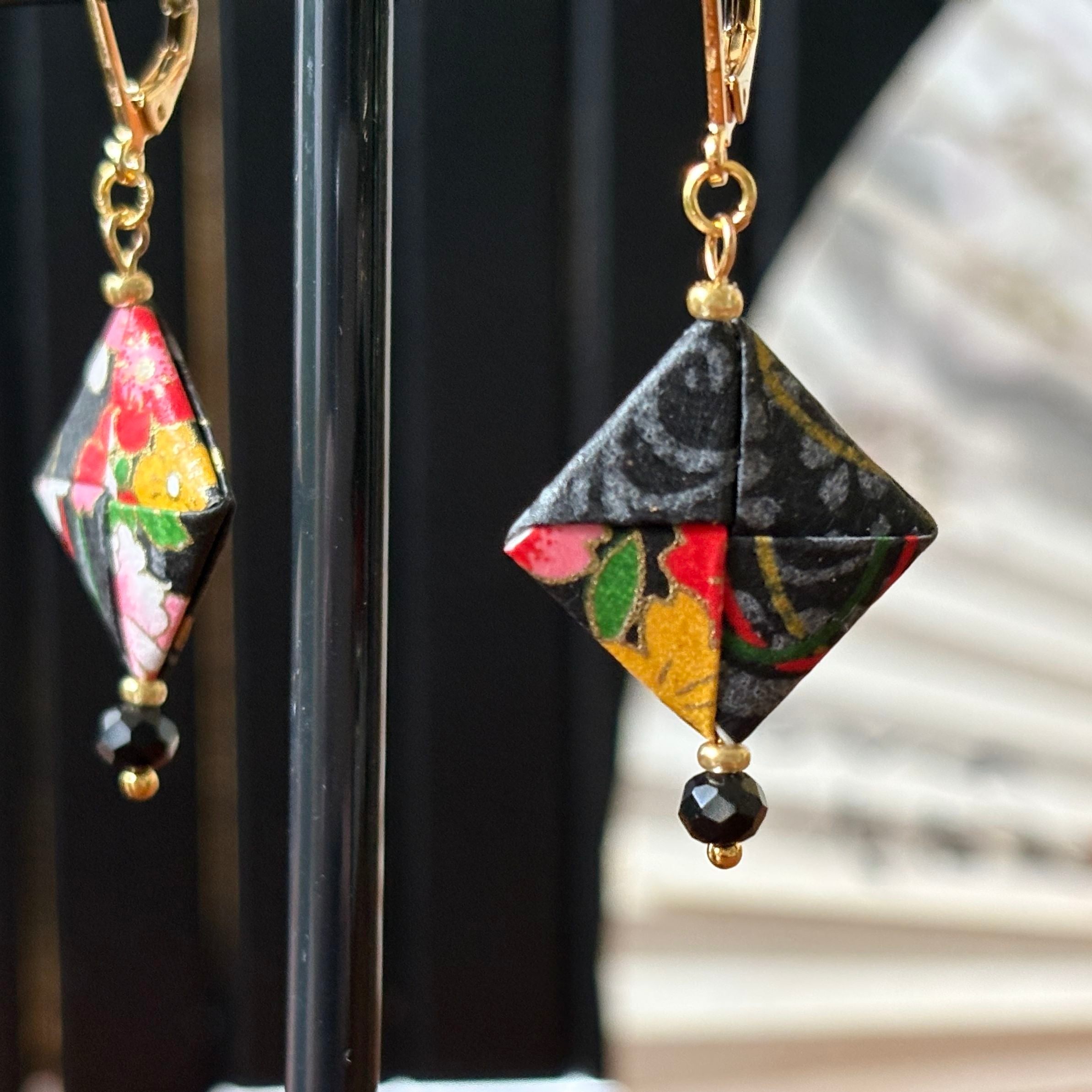 Origami Earrings – smoky black with vibrant botanicals.  Japanese Yuzen Washi