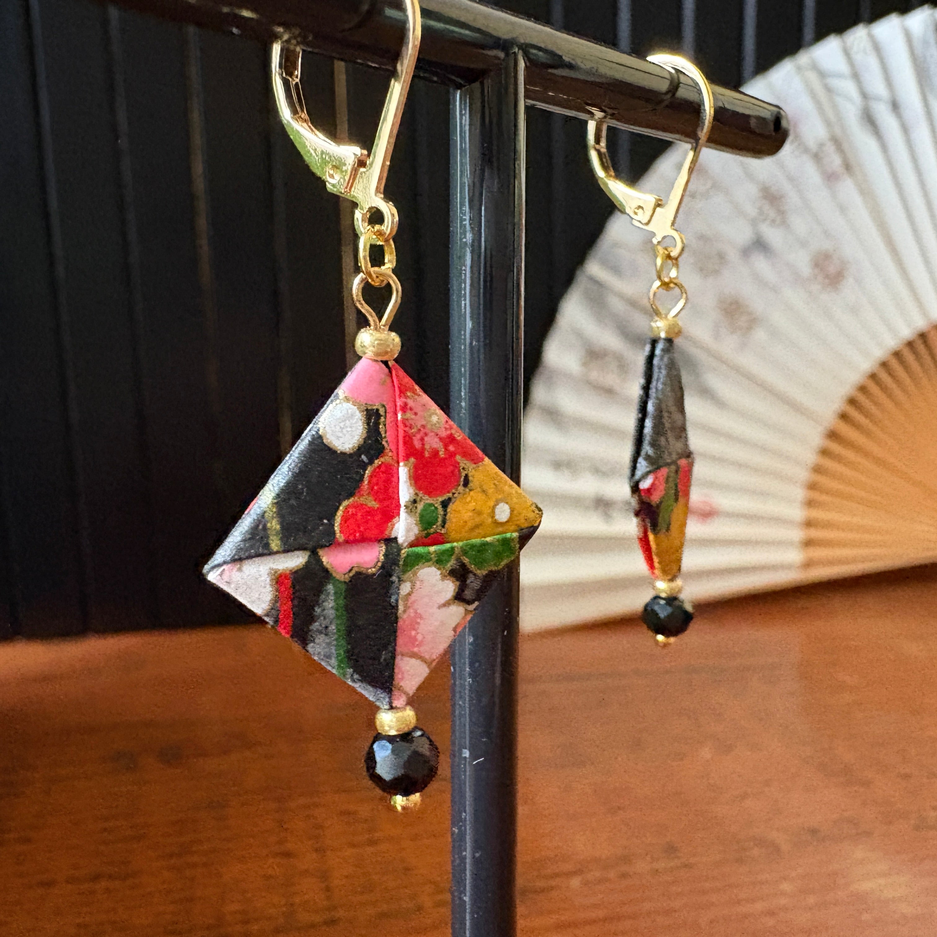Origami Earrings – smoky black with vibrant botanicals.  Japanese Yuzen Washi