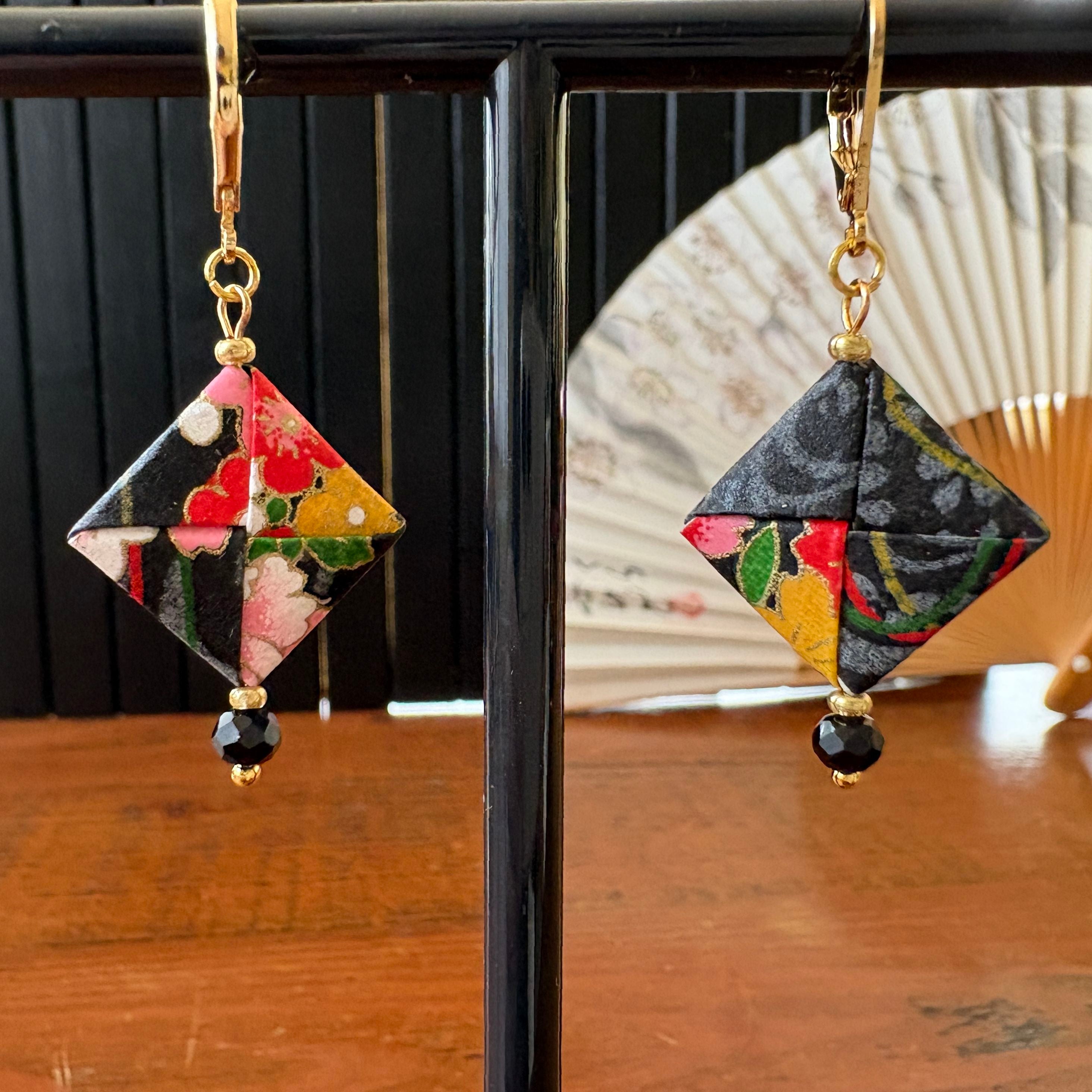 Origami Earrings – smoky black with vibrant botanicals.  Japanese Yuzen Washi