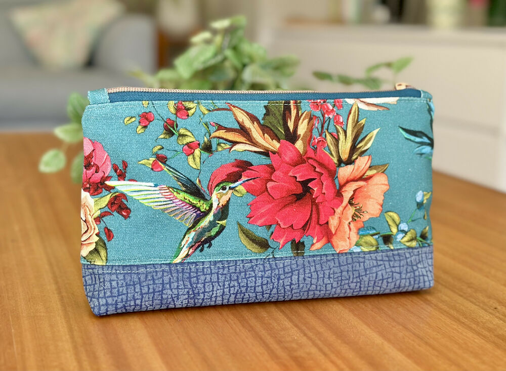 Large Leather Zippered Pouch - Teal