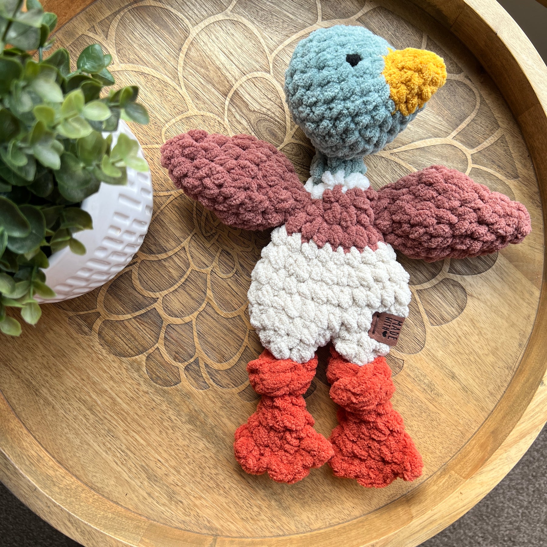 Handmade crochet Mini mallard Duck modern lovey with knotted legs.