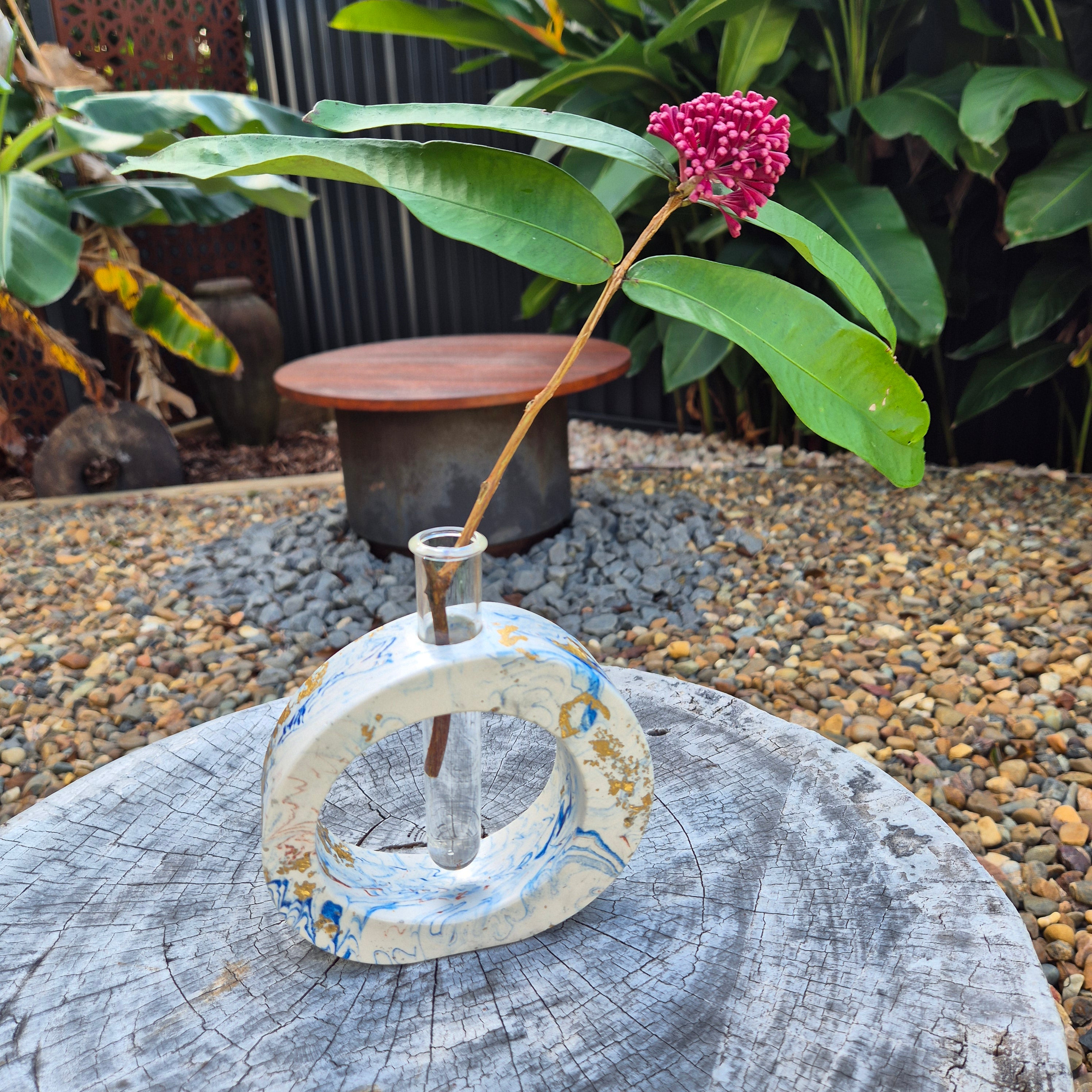 Blue and gold concrete test tube single stem vase