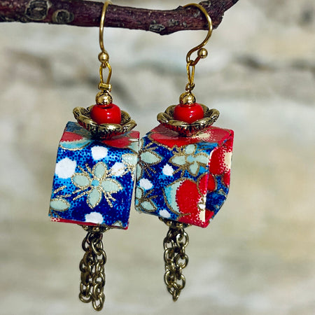 Earrings Red Blue Gold Floral Japanese Washi: EB-90