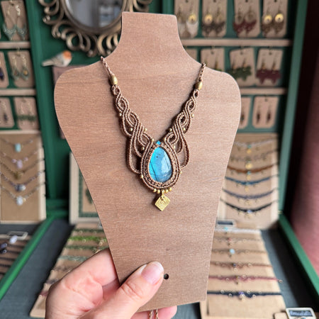 Macrame Labradorite Necklace with solid brass charm