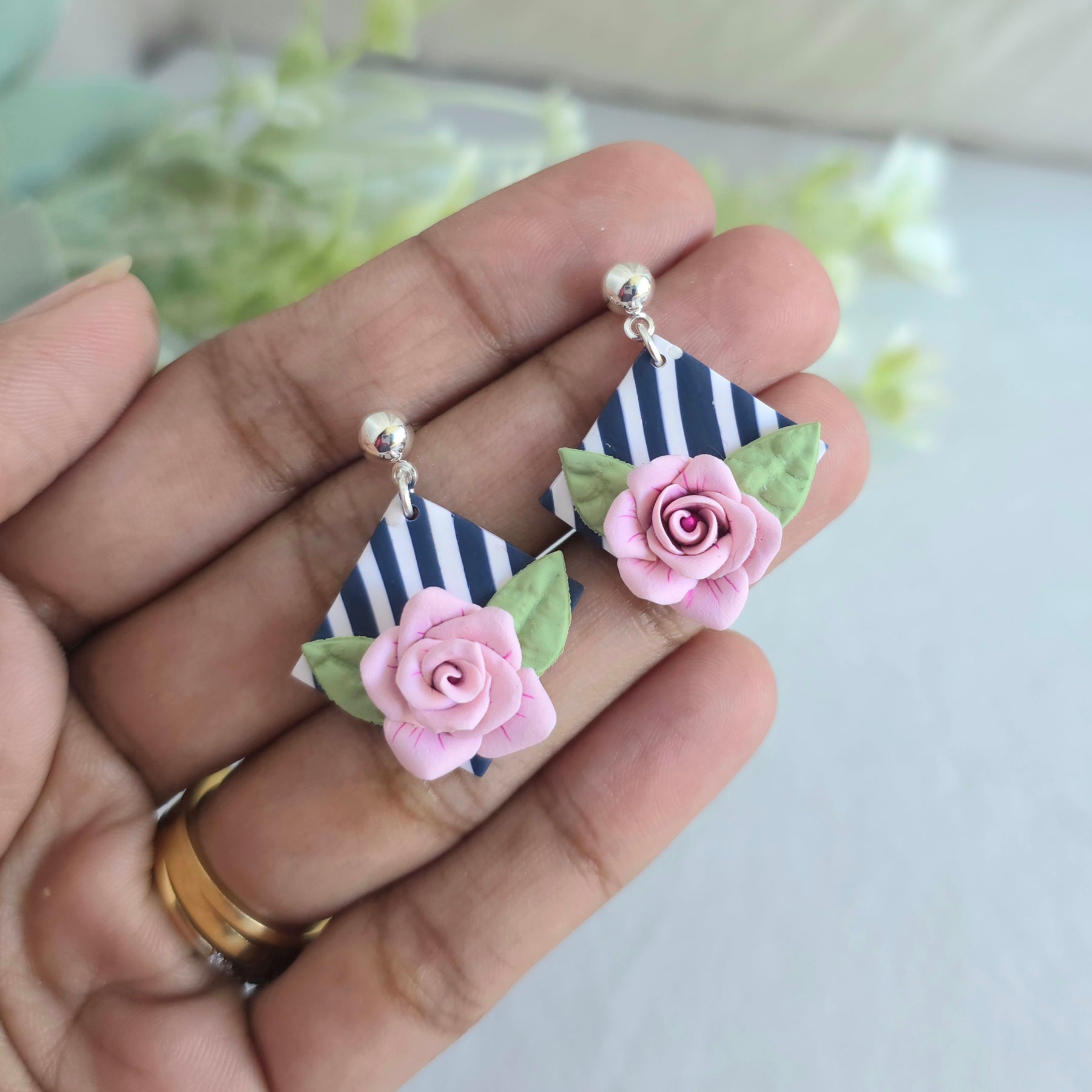 Handmade Pink Rose Earrings | Navy Striped Polymer Clay Dangles | Floral Statement Earrings | Costal | Stripe Studs | Glasses Brooches