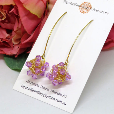Lilac Beaded Crochet Wire Ball Earrings