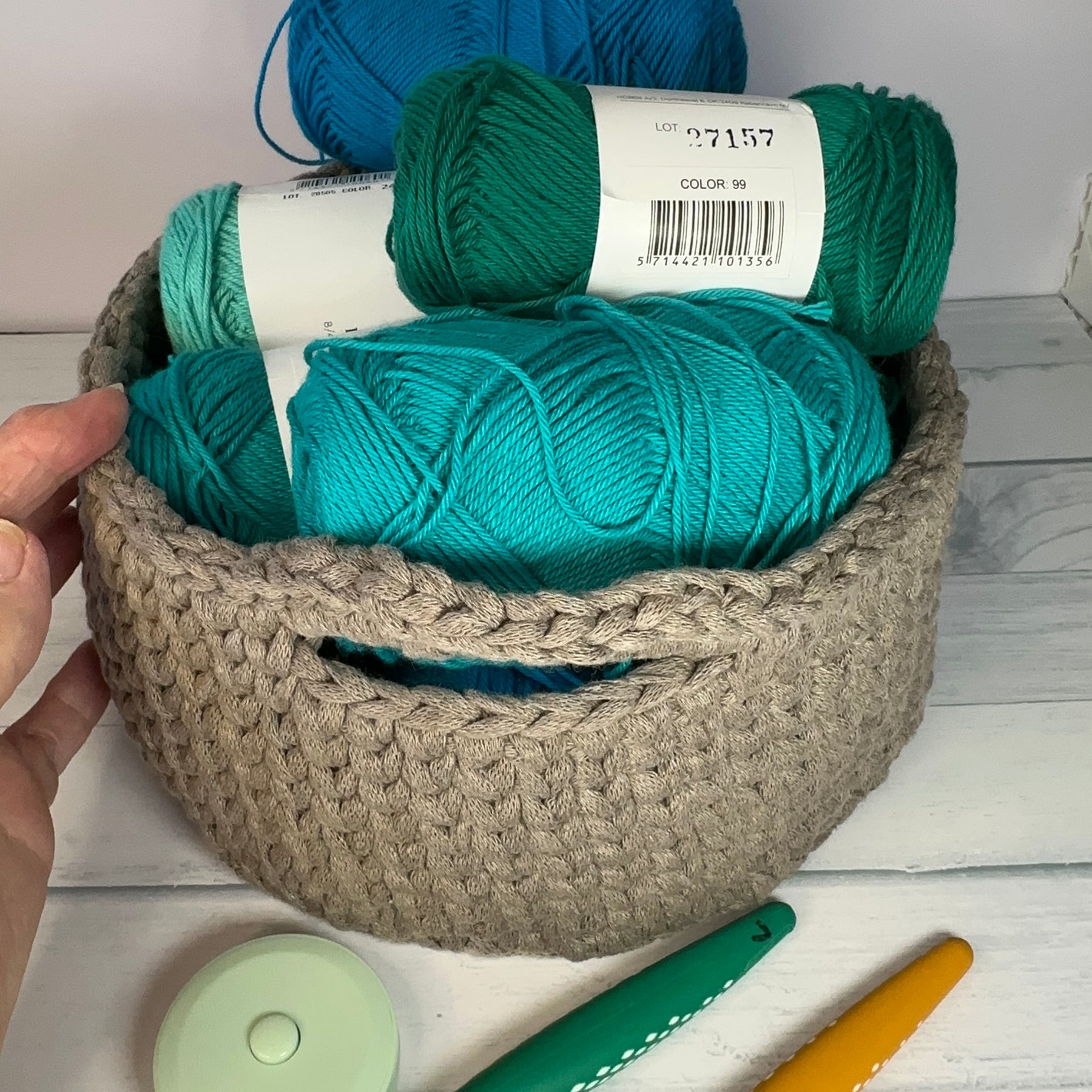 Neutral Beige Crocheted Basket with Handles
