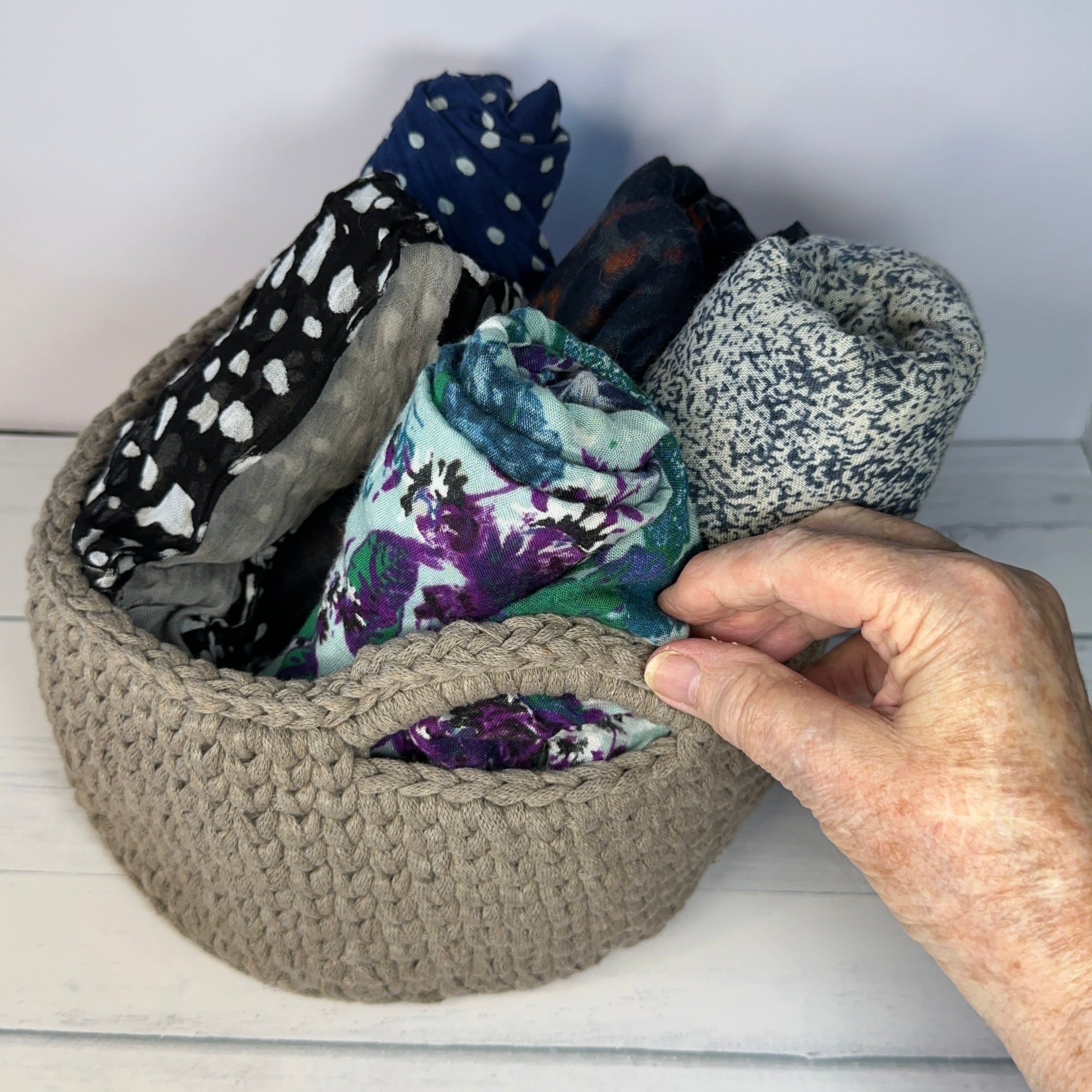 Neutral Beige Crocheted Basket with Handles