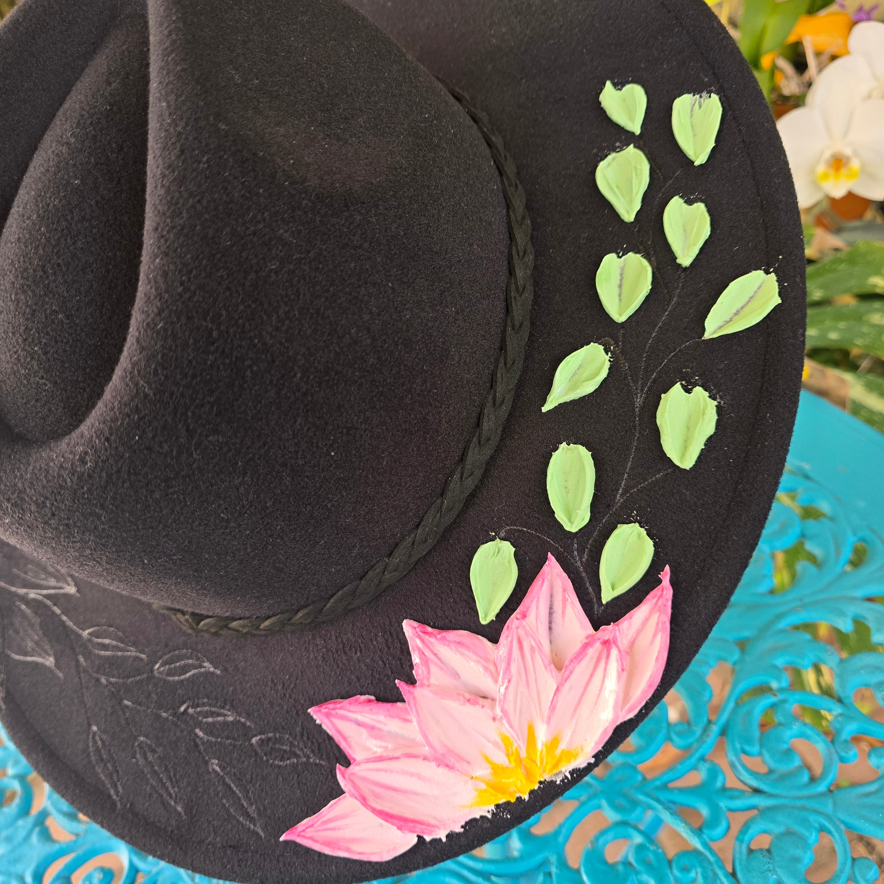 Textured hand burnt pyrography fedora hat - floral theme