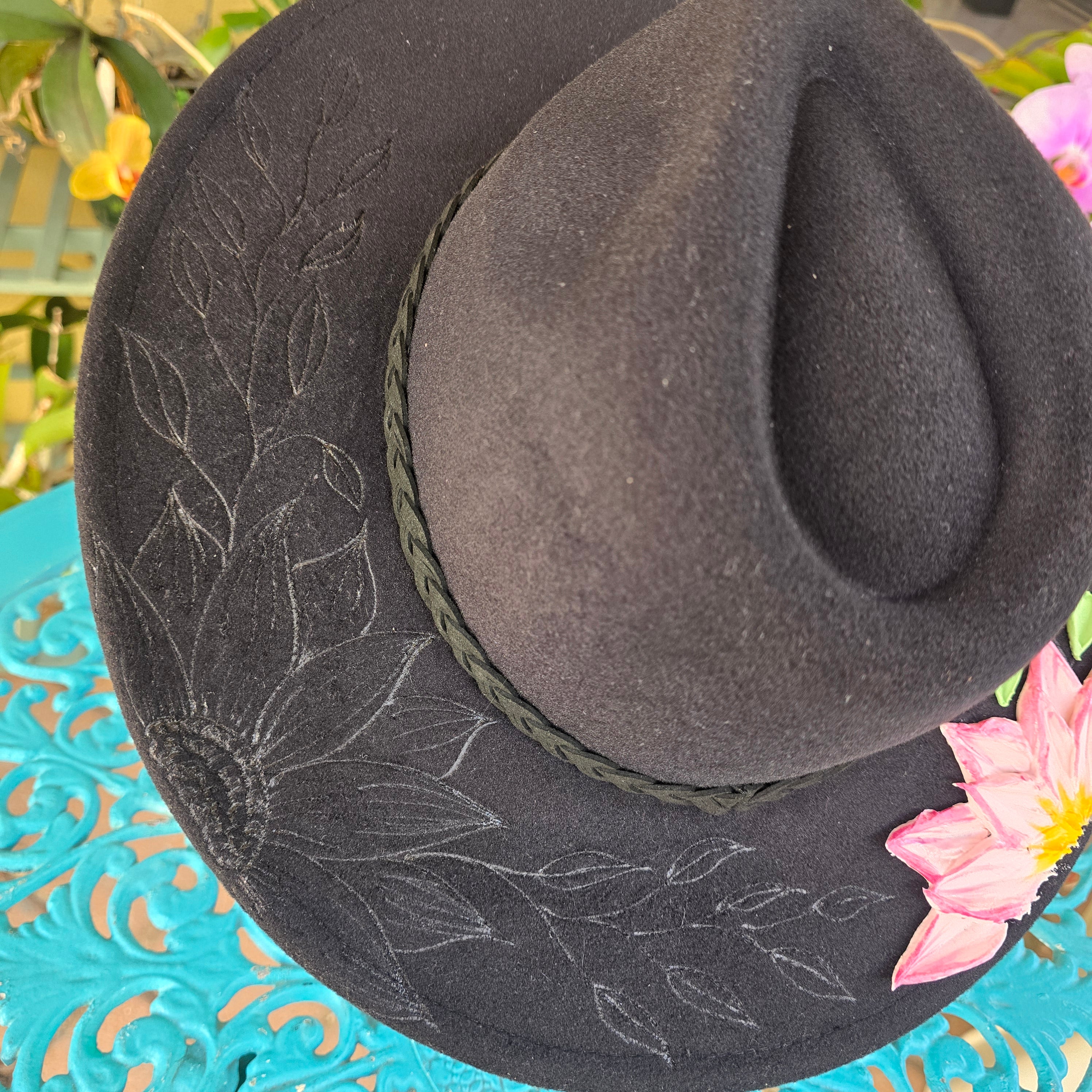 Textured hand burnt pyrography fedora hat - floral theme