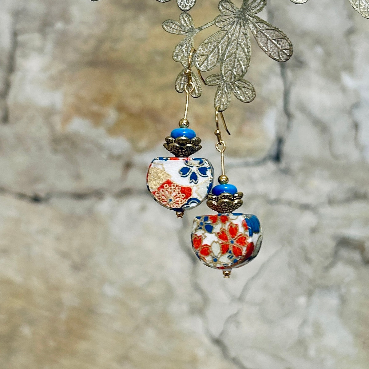 Earrings Floral Japanese Washi Paper Orange Blue White - EB-124