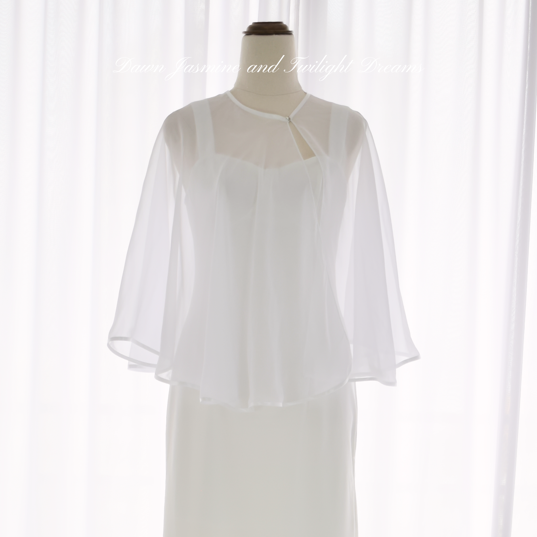 100% Silk Chiffon Center-Split Bridal Cape with Swarovski Crystal Button | The Aria