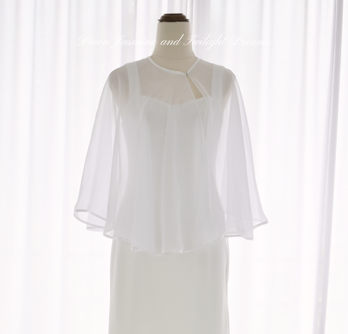 100% Silk Chiffon Center-Split Bridal Cape with Swarovski Crystal Button | The Aria