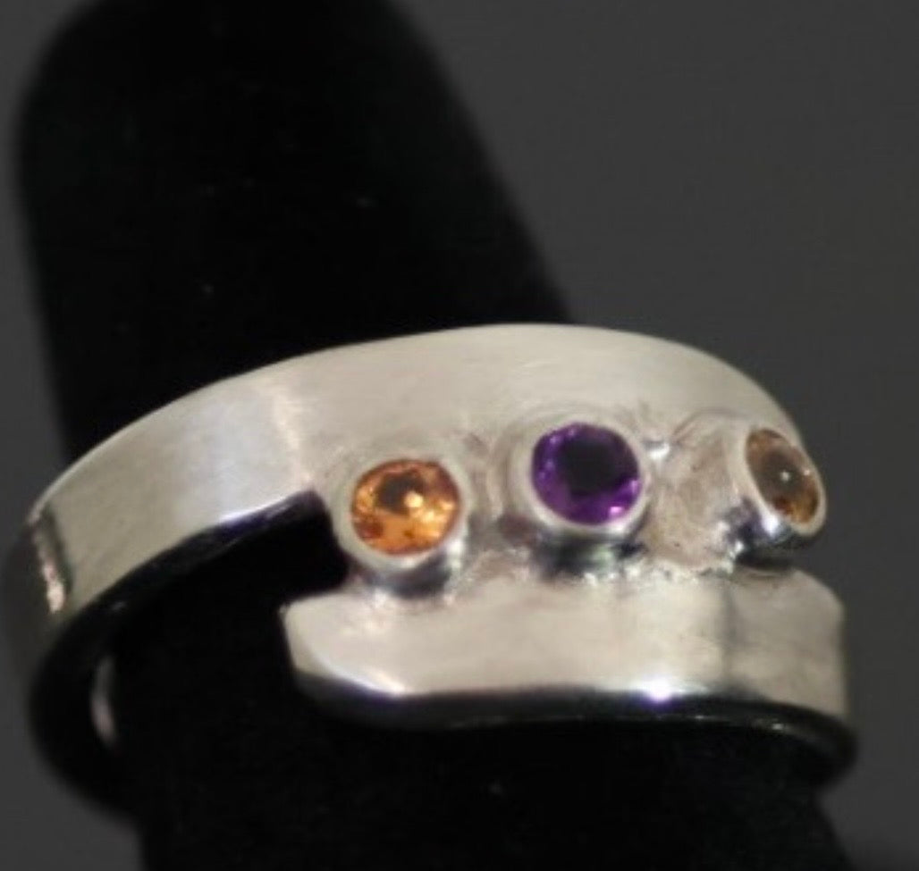 Citrine, Saphire and Amythyst Ring in 925 Silver