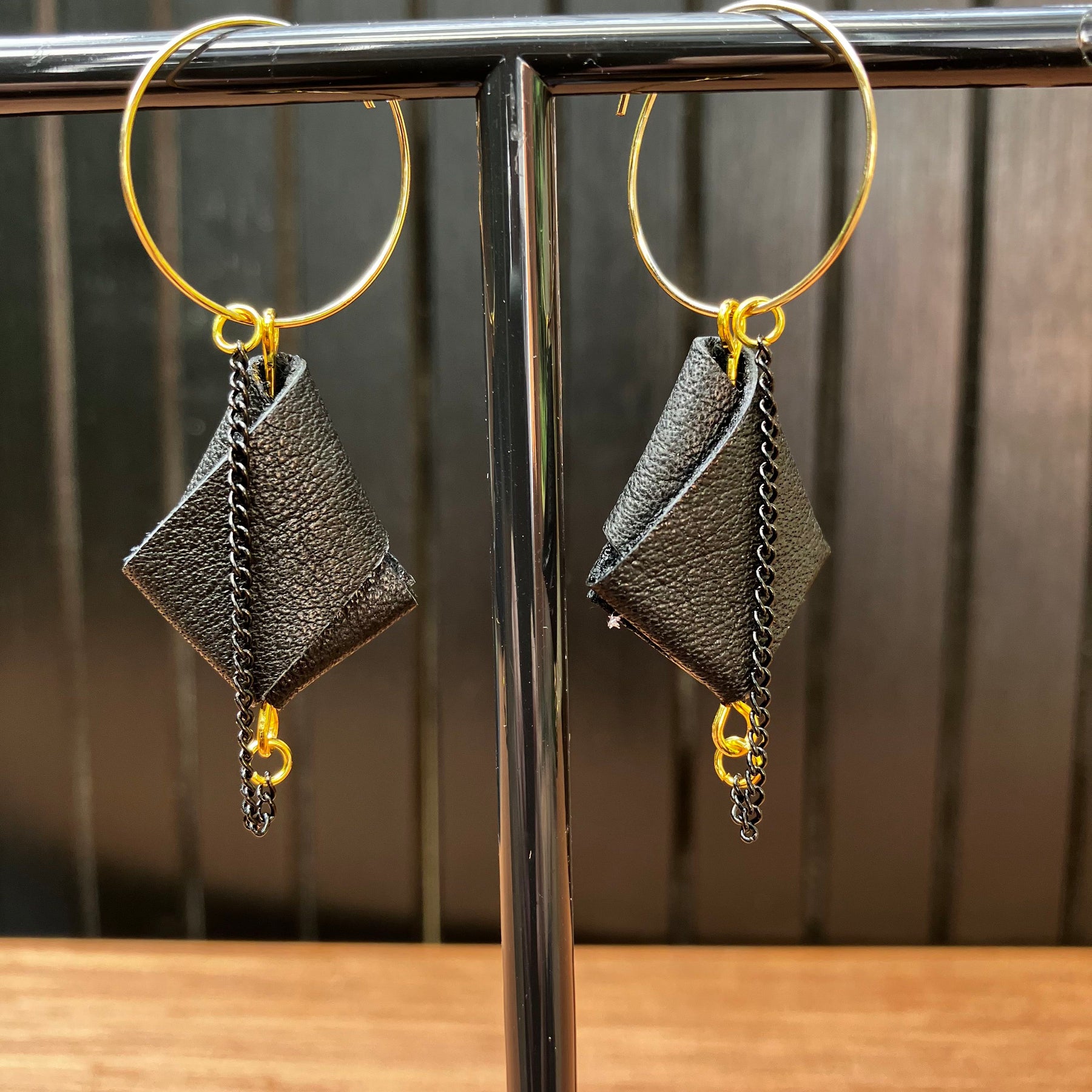 Origami Leather Hoop Earrings – Minimalist black statement earrings