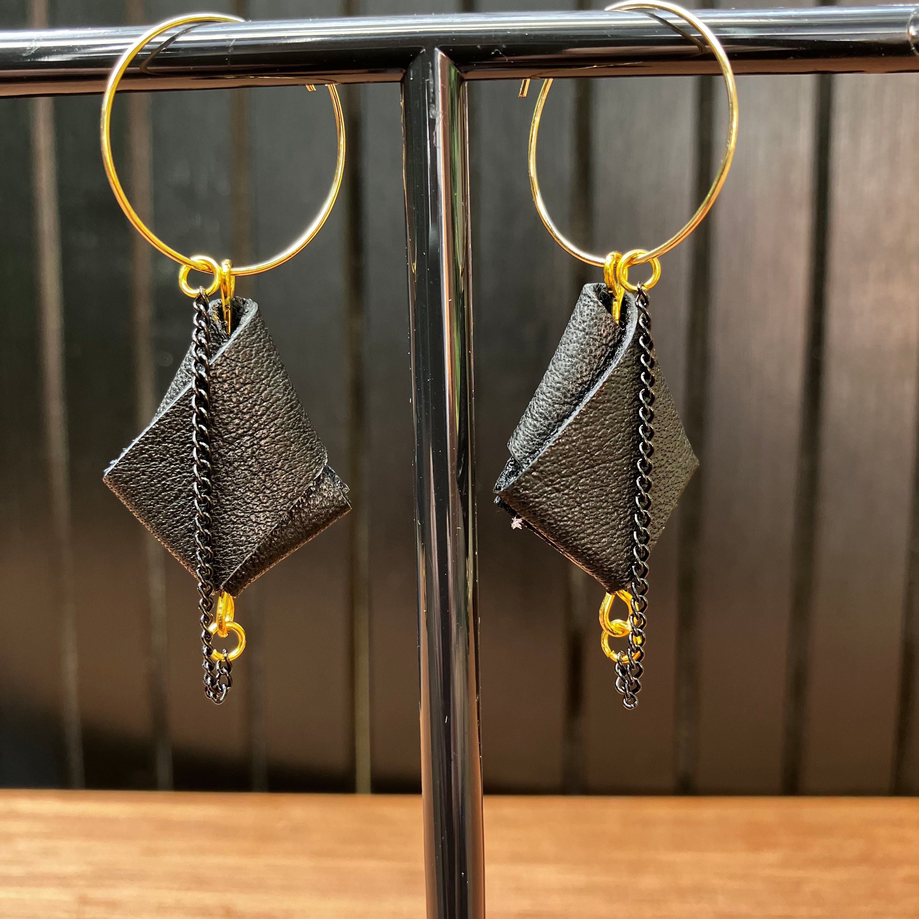 Origami Leather Hoop Earrings – Minimalist black statement earrings