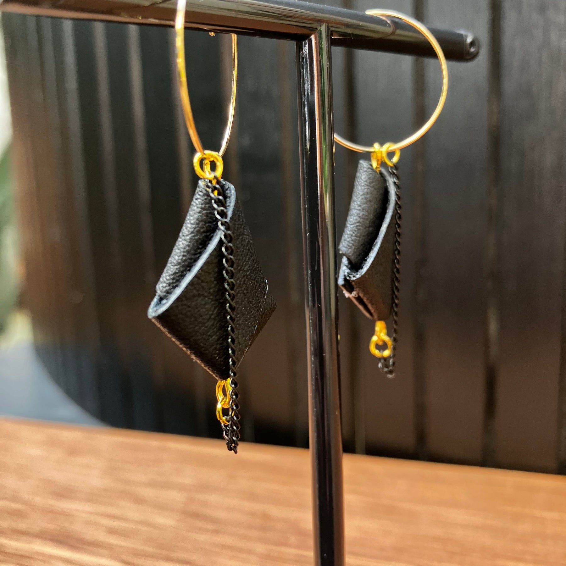 Origami Leather Hoop Earrings – Minimalist black statement earrings