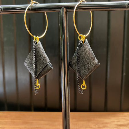 Origami Leather Hoop Earrings – Minimalist black statement earrings