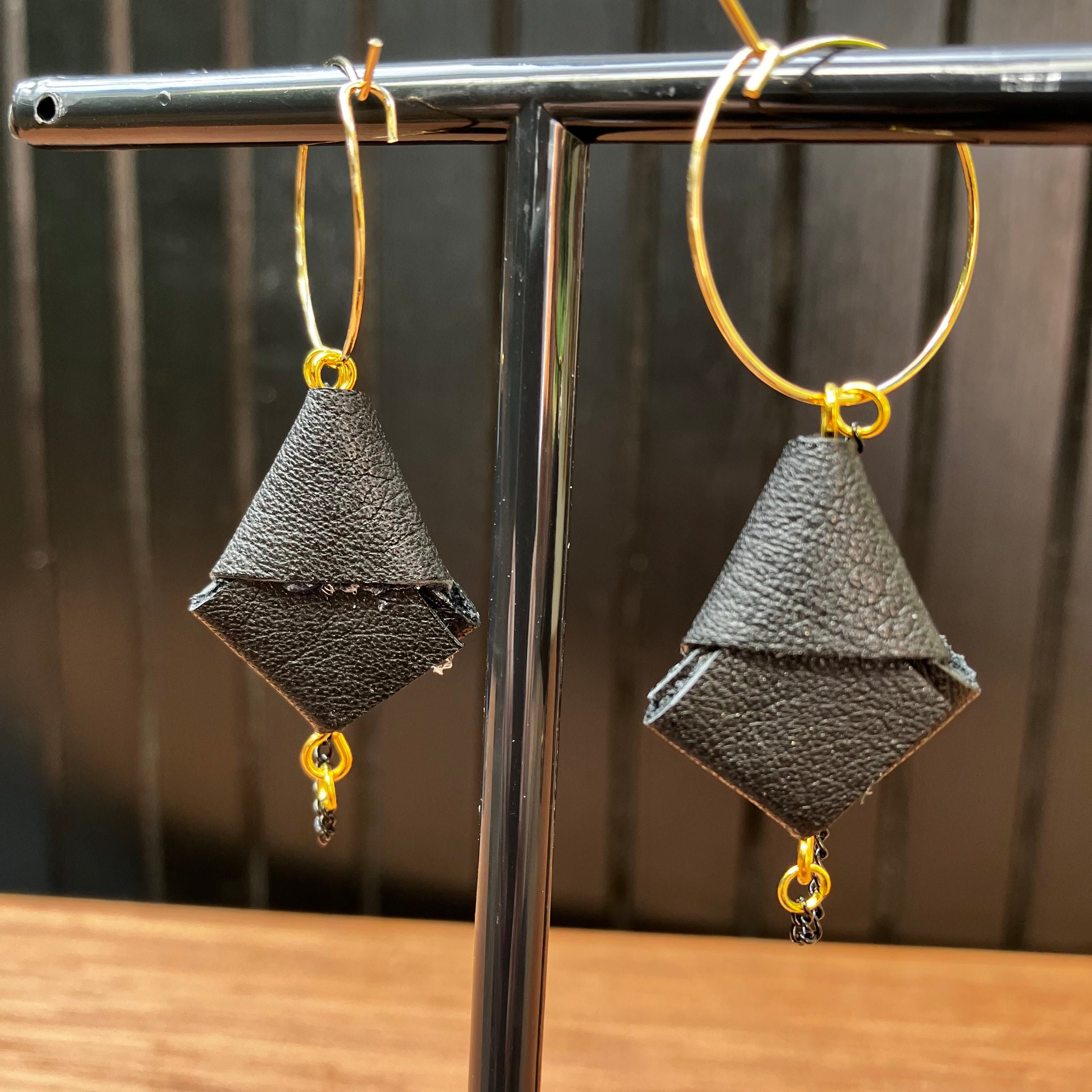 Origami Leather Hoop Earrings – Minimalist black statement earrings