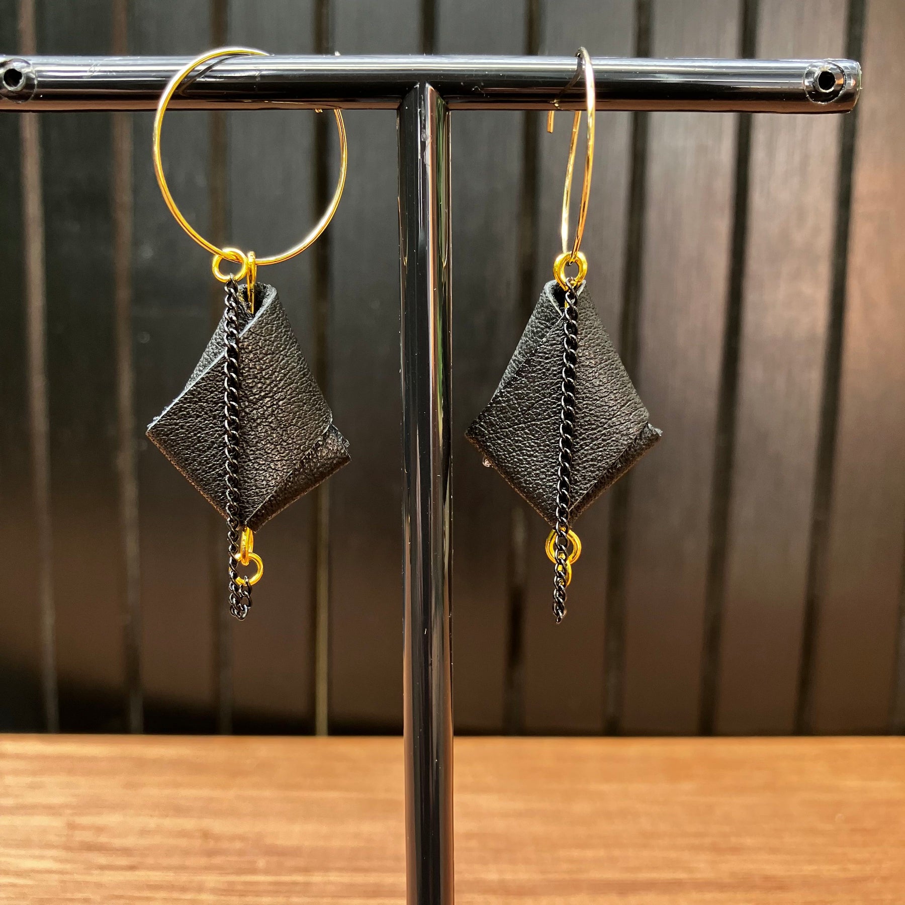 Origami Leather Hoop Earrings – Minimalist black statement earrings