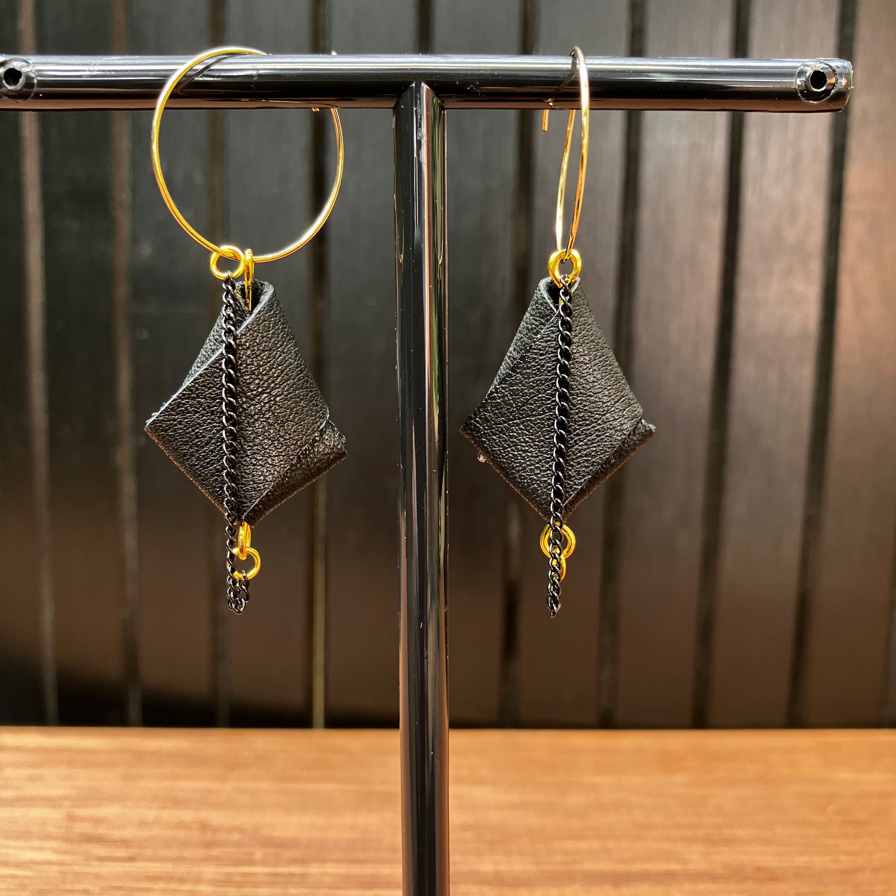 Origami Leather Hoop Earrings – Minimalist black statement earrings