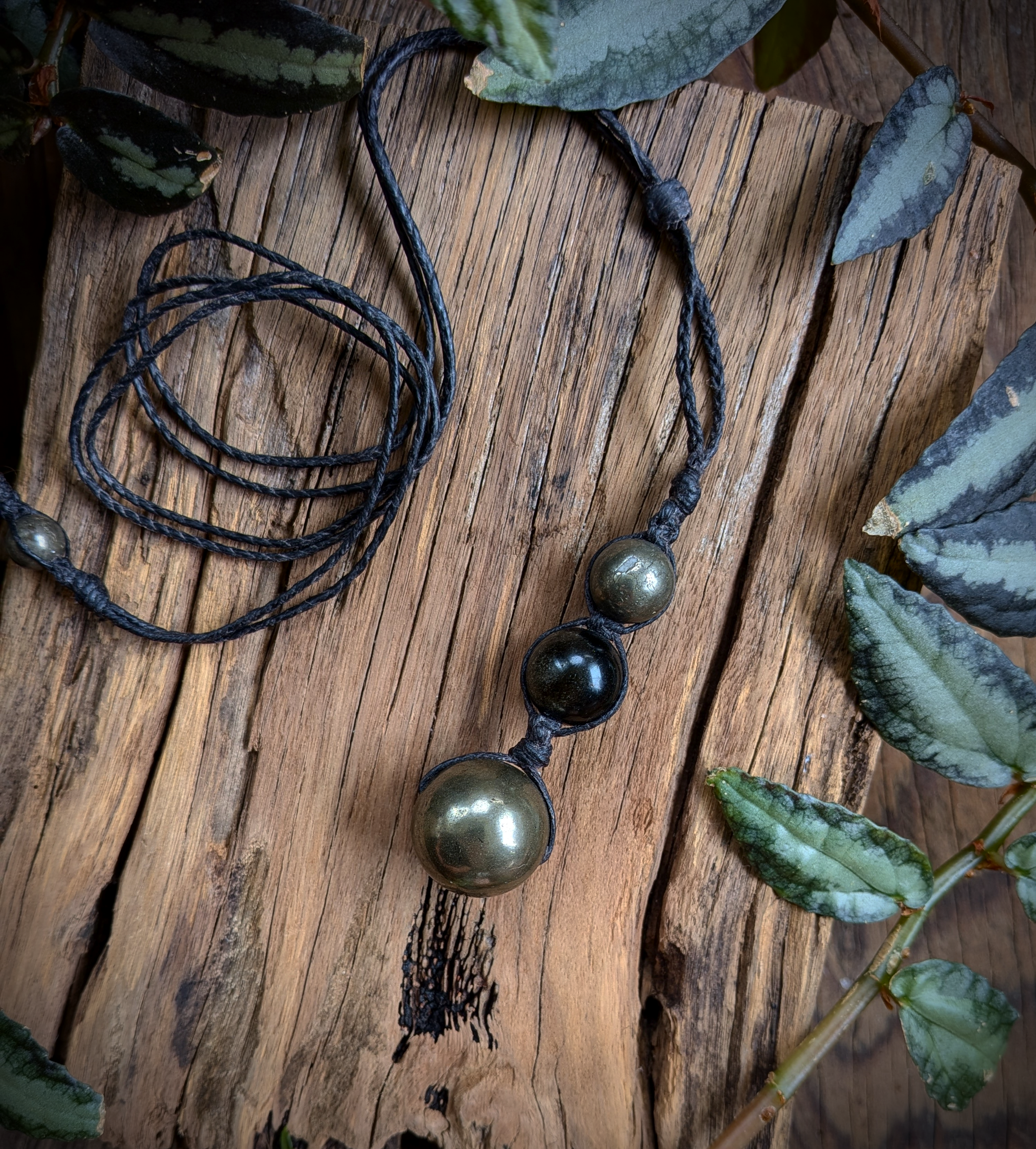 PYRITE SPHERES WITH SIVERSHEEN OBSIDIAN handmade necklace talisman