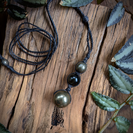 PYRITE SPHERES WITH SIVERSHEEN OBSIDIAN handmade necklace talisman