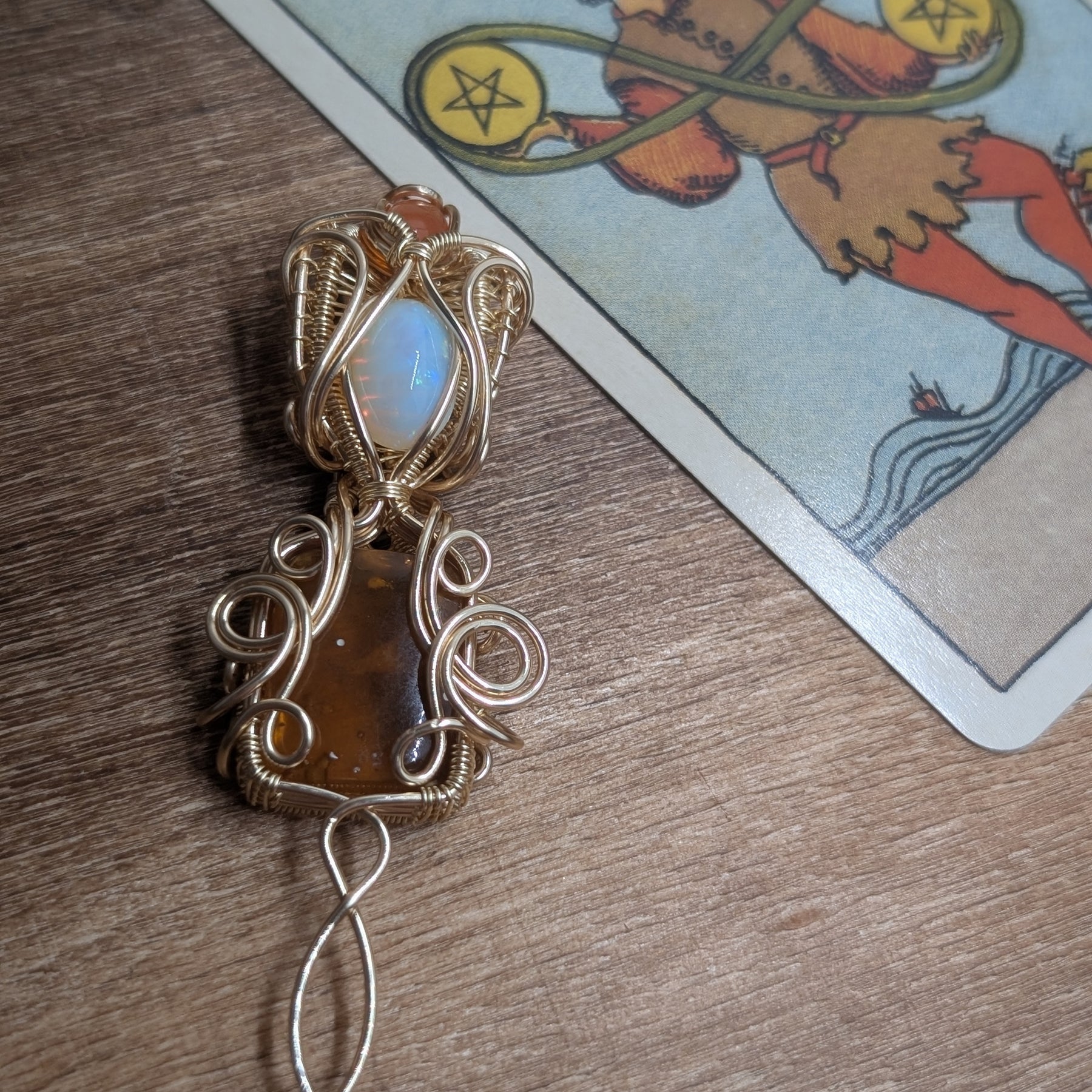Puck - Ethiopian Opal, Golden Amber, & Carnelian in Gold Coloured Copper