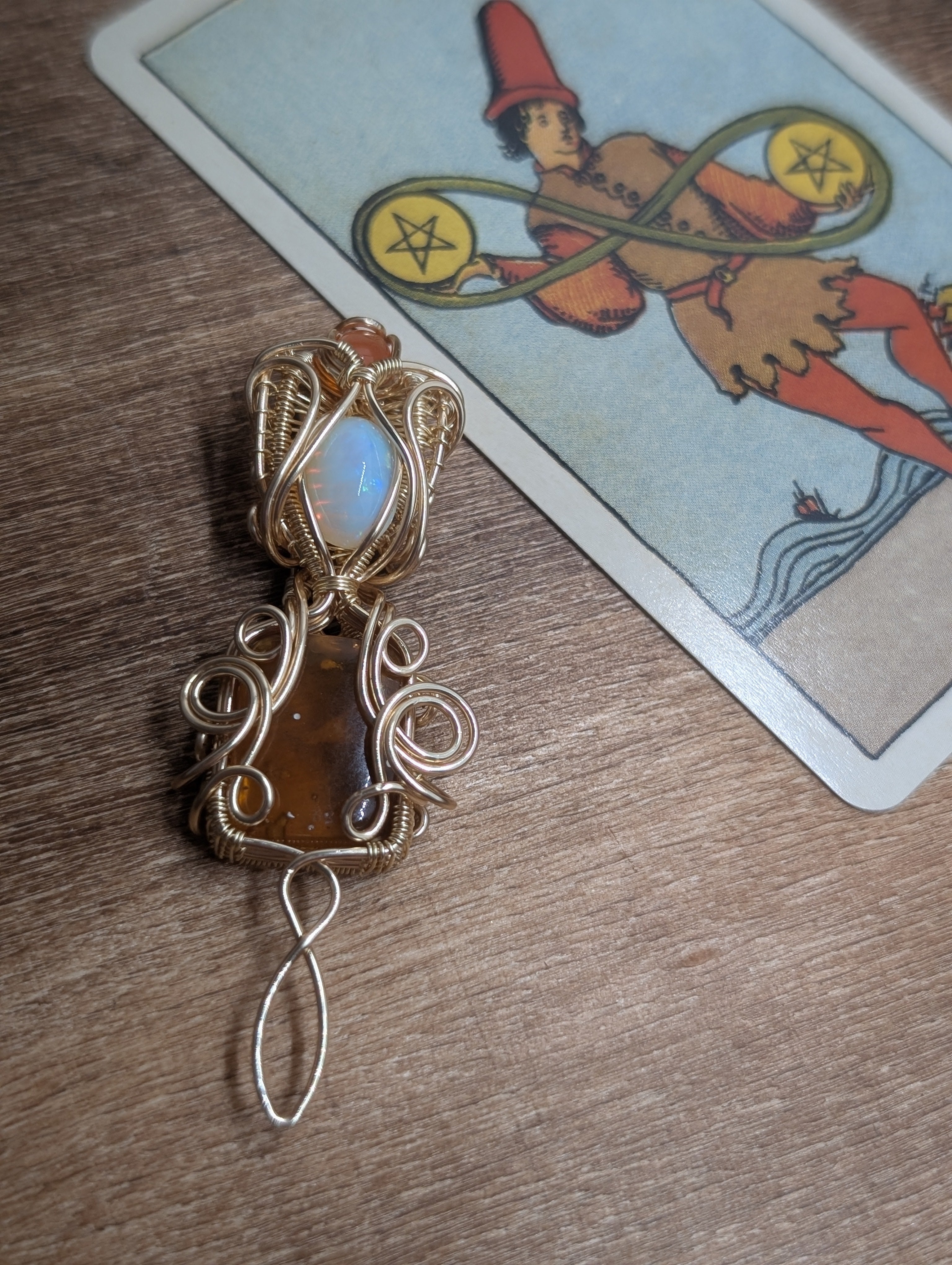 Puck - Ethiopian Opal, Golden Amber, & Carnelian in Gold Coloured Copper