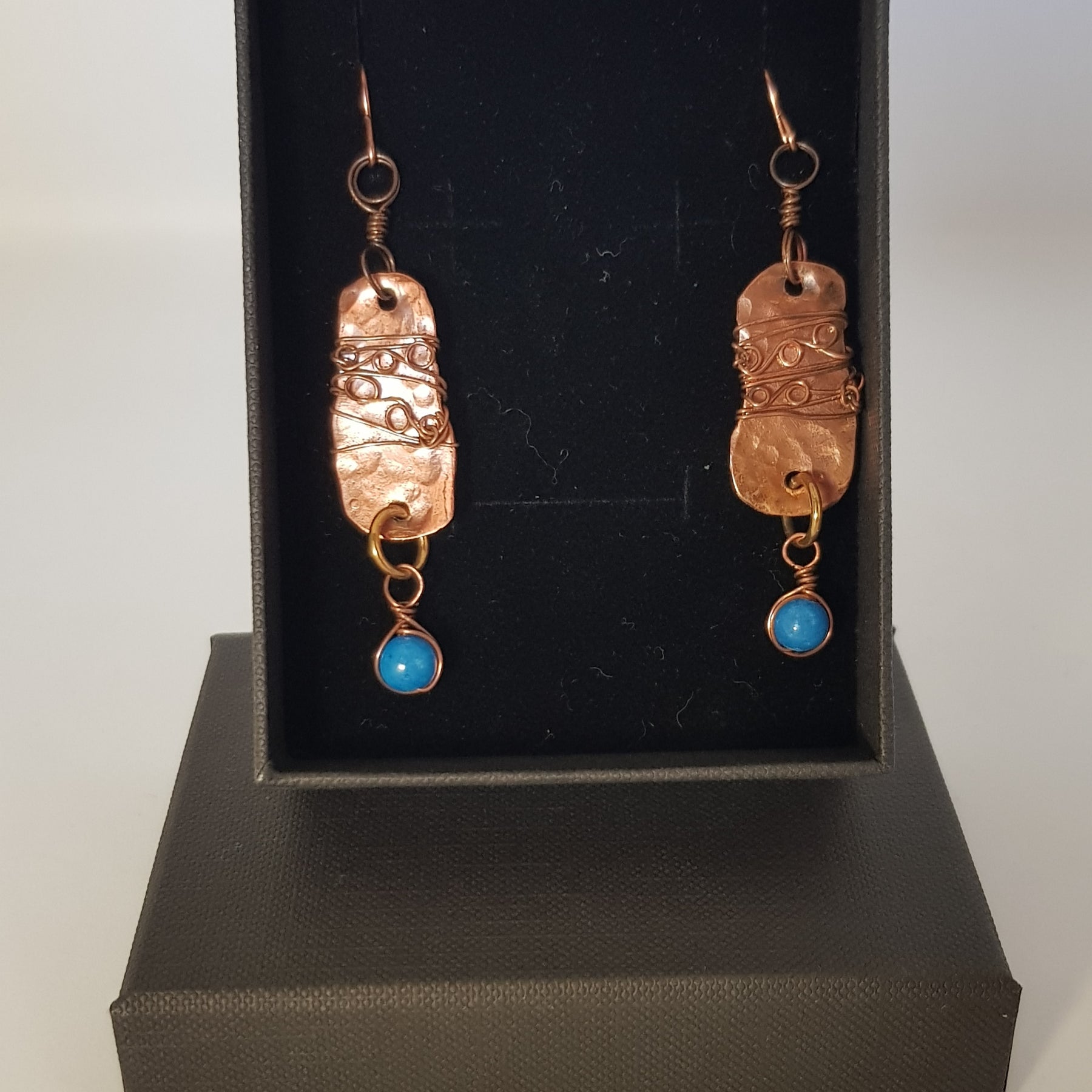 Organic copper earrings with turquoise bead. #673 AM/E