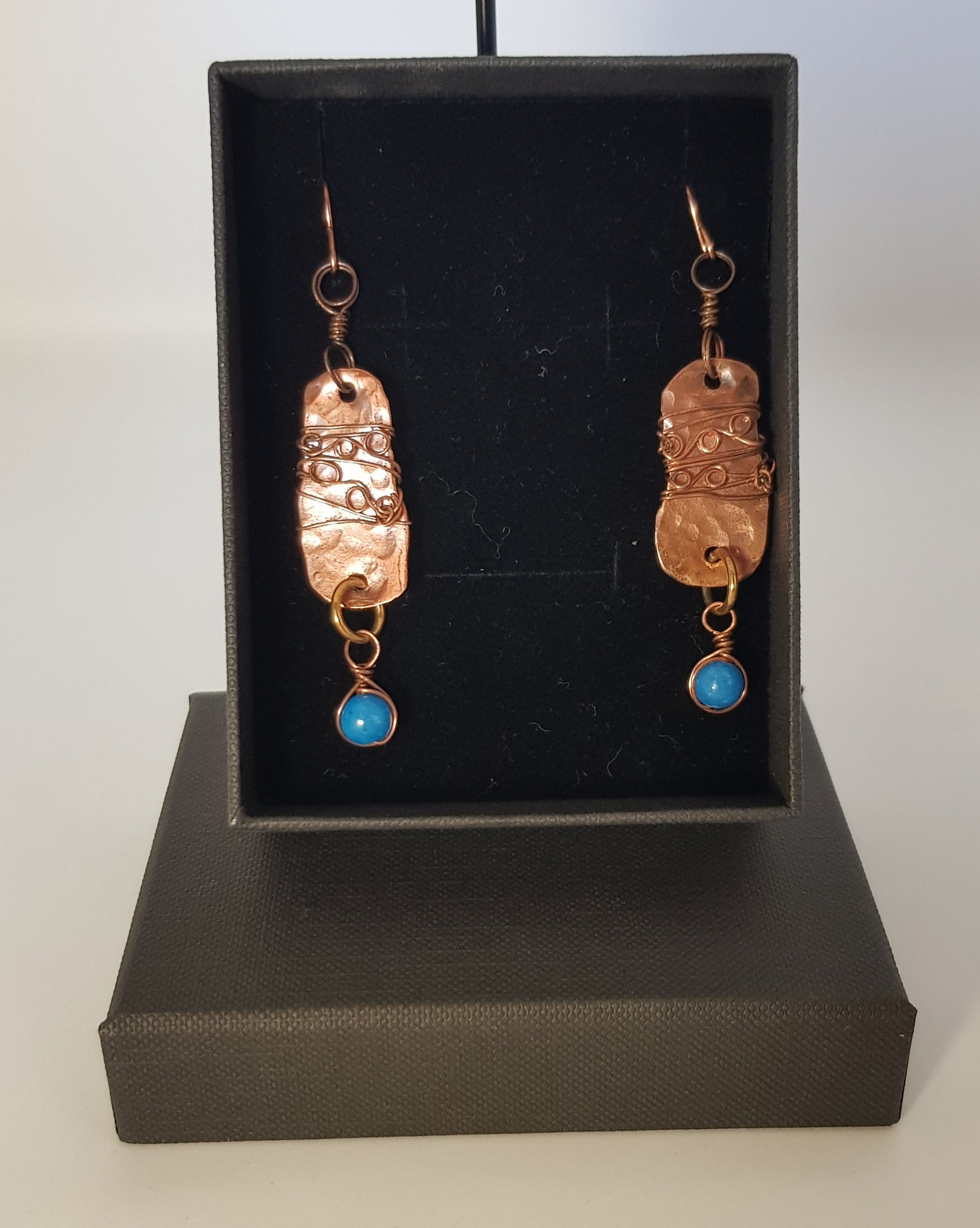 Organic copper earrings with turquoise bead. #673 AM/E